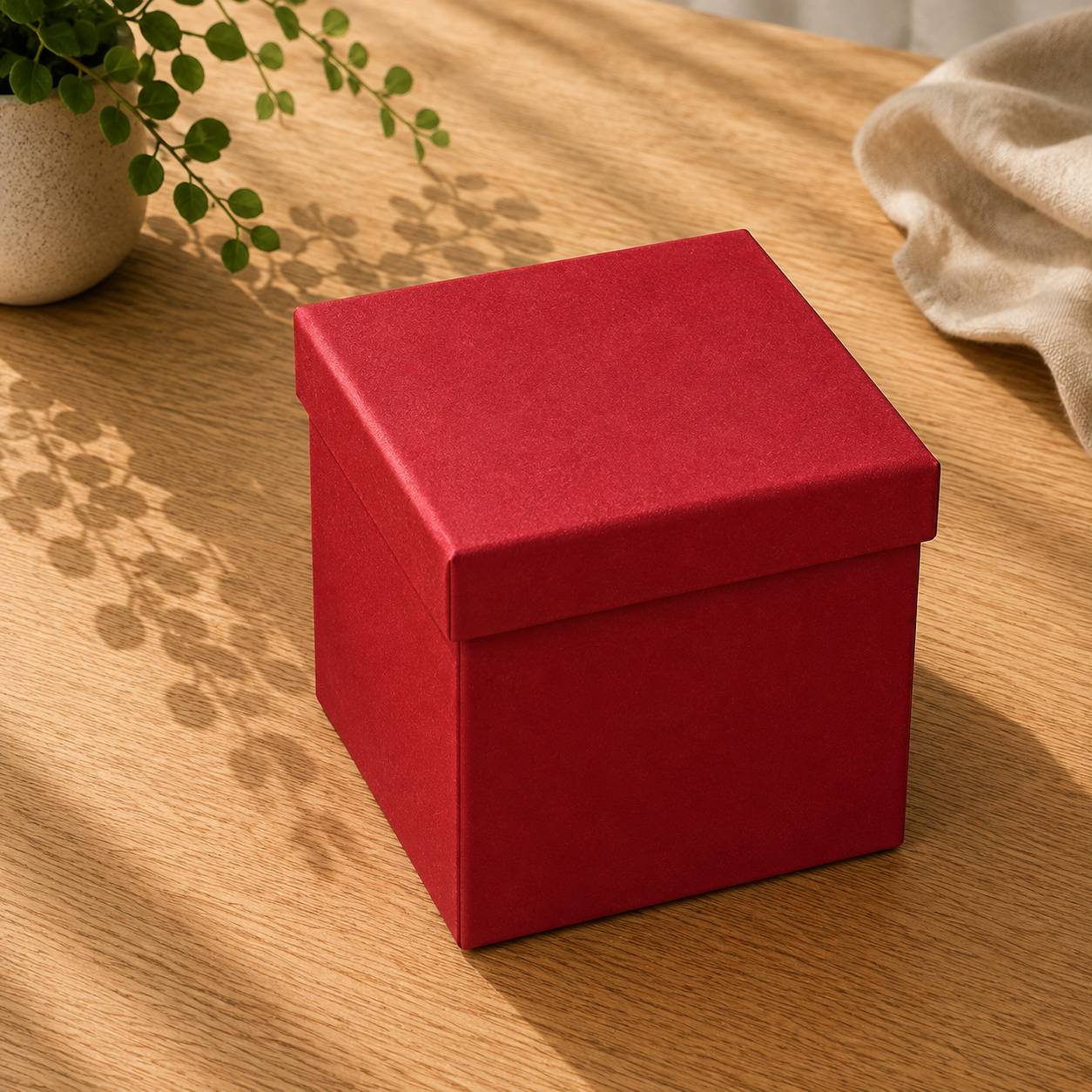 Eine Geschenkbox „Pure“ der Artoz Papier AG in Größe L in Rot steht geschlossen auf einem Holztisch, während Sonnenlicht in der Nähe Pflanzen Schatten wirft und im Hintergrund ein beiges Tuch zu sehen ist.