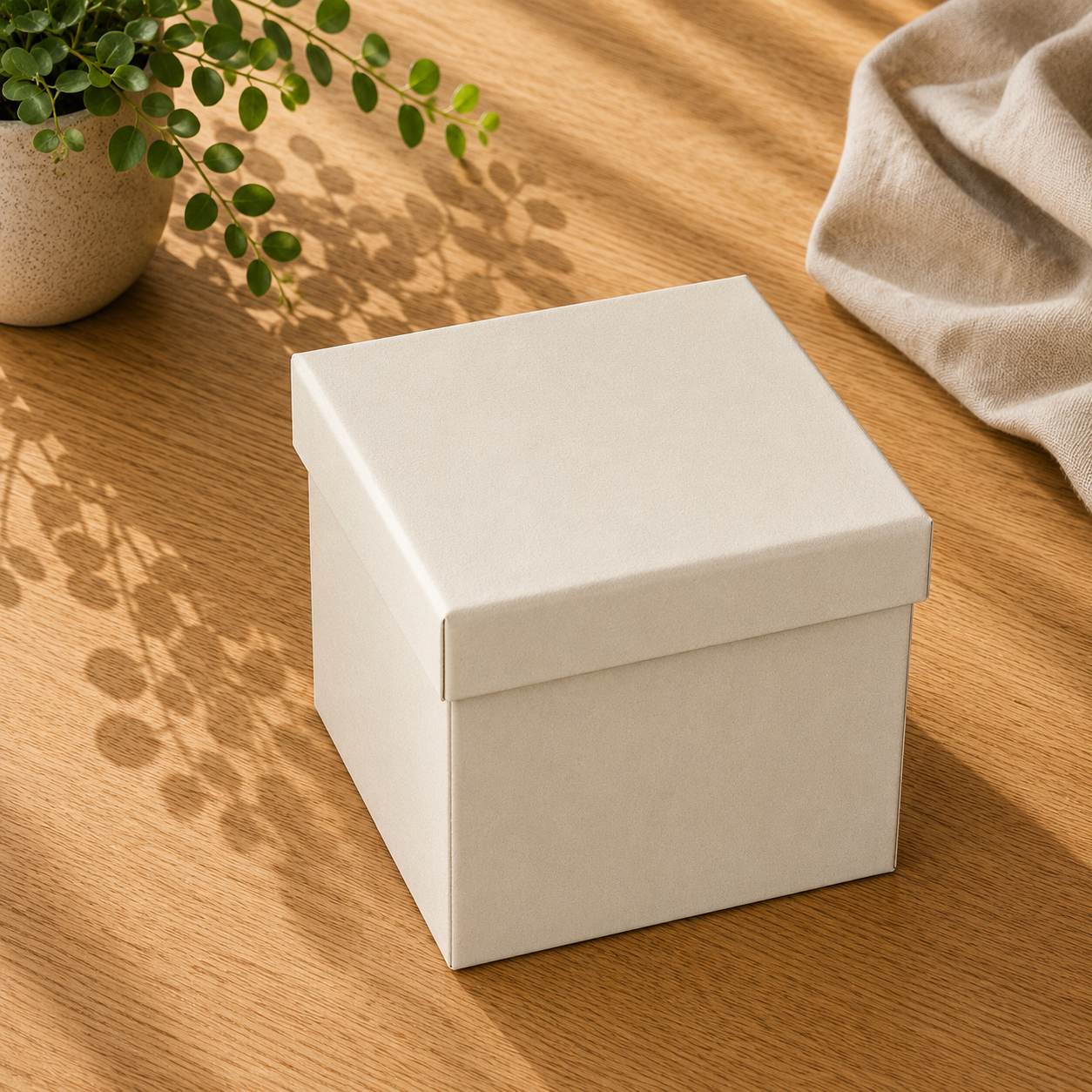 Sur une table en bois se trouve un coffret cadeau carré de couleur beige « Pure » de taille L, de la marque Artoz Papier AG, muni d'un couvercle assorti. La lumière du soleil filtre à travers les ombres des feuilles, tandis qu'en arrière-plan, un tissu drapé offre un cadre élégant à cet emballage cadeau raffiné.