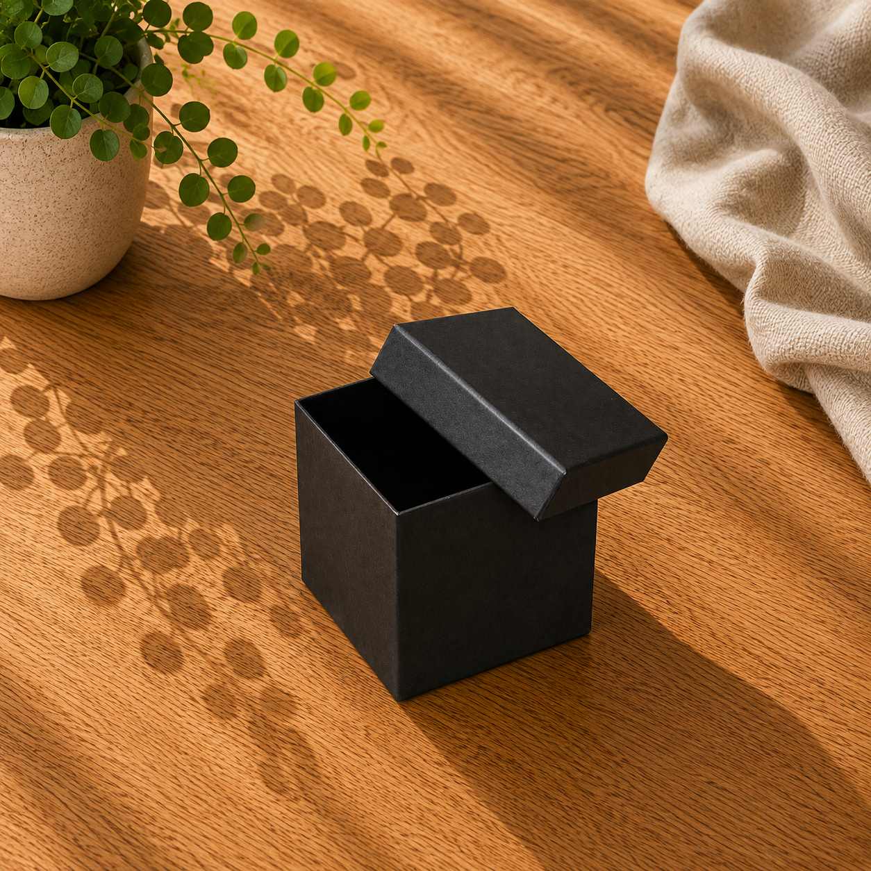 Eine schwarze „Geschenk-Box Pure“ in Größe M von Artoz Papier AG, deren Deckel teilweise geöffnet ist, steht auf einem Holztisch neben einer Topfpflanze und einem beigen Tuch, während das Sonnenlicht sanfte Schatten über die Szene wirft.