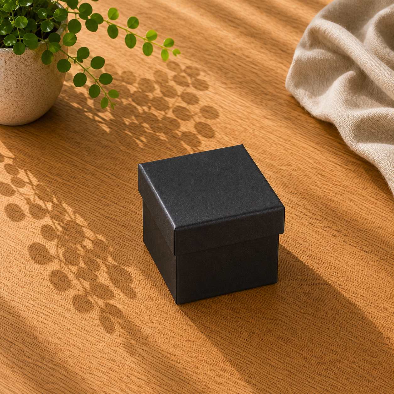 Auf einem Holztisch steht eine mittelgroße schwarze Geschenk-Box „Pure“ von Artoz Papier AG neben einer grünen Topfpflanze und einem beigen Tuch, während das Sonnenlicht Schatten über die Szene wirft.