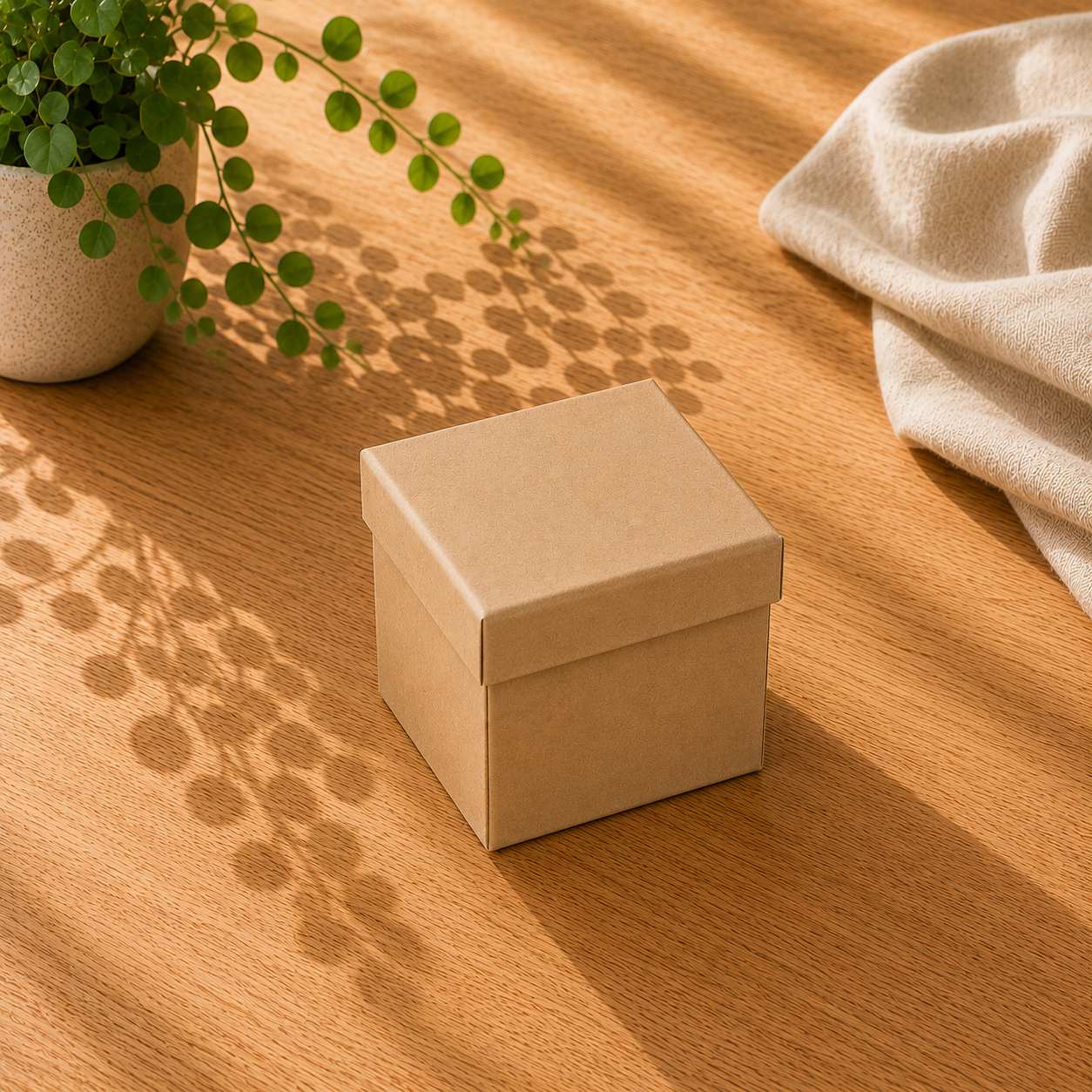 Auf einem Holztisch neben einer Topfpflanze steht eine mittelgroße, geschlossene Geschenkbox „Pure“ von Artoz Papier AG; Sonnenlicht wirft sanfte Blattschatten, und im Hintergrund ist ein leichter Stoff zu sehen.