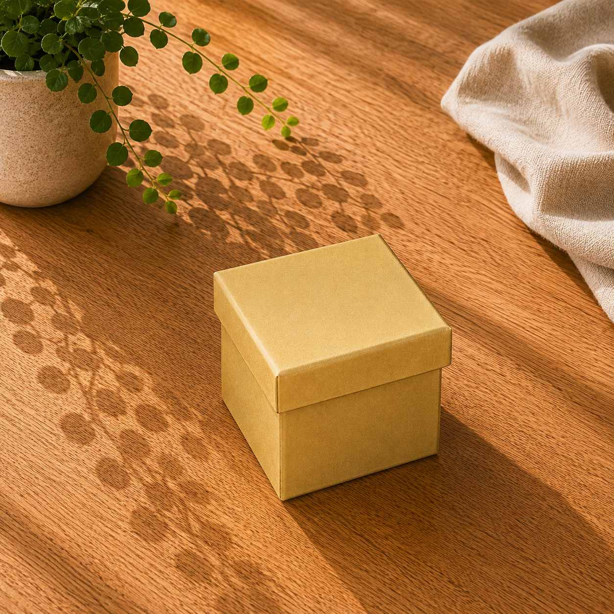 Eine mittelgroße, quadratische, gelbe Geschenk-Box „Pure“ von Artoz Papier AG steht geschlossen auf einem Holztisch neben einer Topfpflanze, während Sonnenlicht Blattschatten wirft und im Hintergrund ein beiges Tuch zu sehen ist.