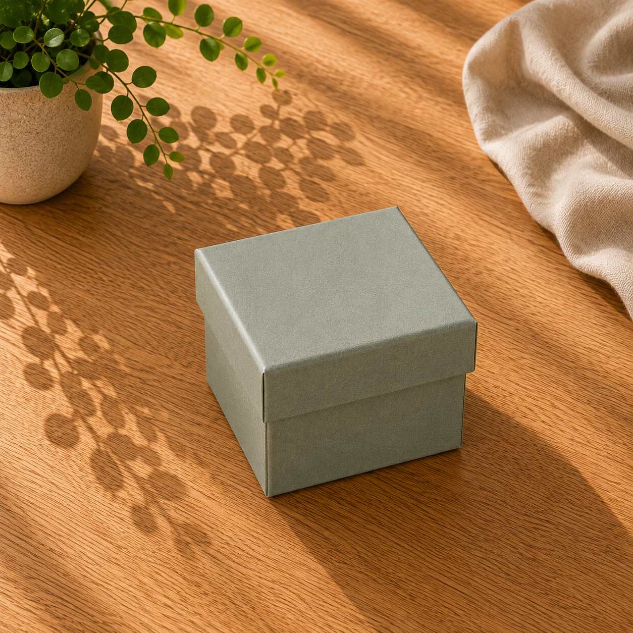 Eine geschlossene Geschenkbox „Pure“ in Größe M von Artoz Papier AG in Grau steht auf einem Holztisch, auf dem sich die Schatten von Pflanzen abzeichnen; daneben stehen eine Topfpflanze und ein beiges Tuch. Sanftes Sonnenlicht wirft diagonale Linien über die Szene.