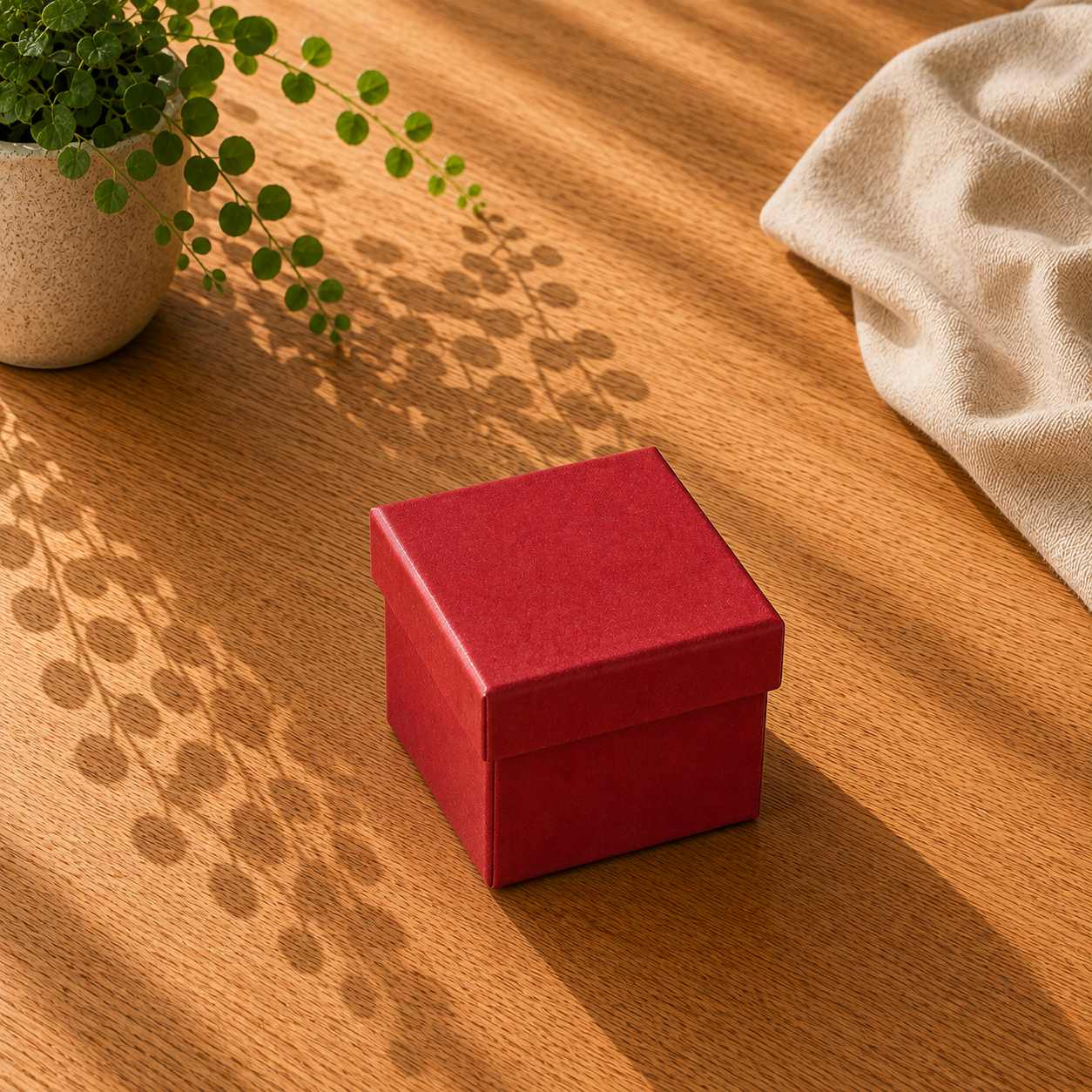 Eine Geschenkbox „Pure“ der Artoz Papier AG in Größe M in Rot steht auf einem Holztisch, umgeben von sanften Pflanzen-Schatten und einem beigen Tuch, alles von warmem Sonnenlicht beleuchtet.