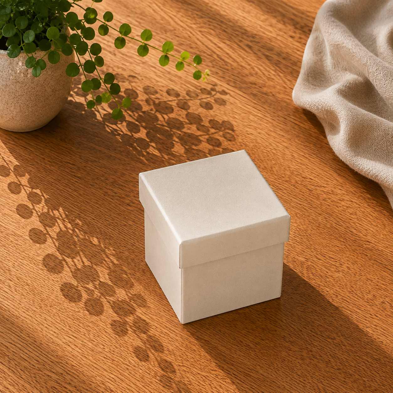 Une boîte-cadeau fermée « Pure » de taille M, de couleur blanche, de la marque Artoz Papier AG, est posée sur un socle en bois à côté d'une plante en pot et d'un tissu beige, tandis que la lumière chaleureuse et les ombres soulignent l'atmosphère chaleureuse.