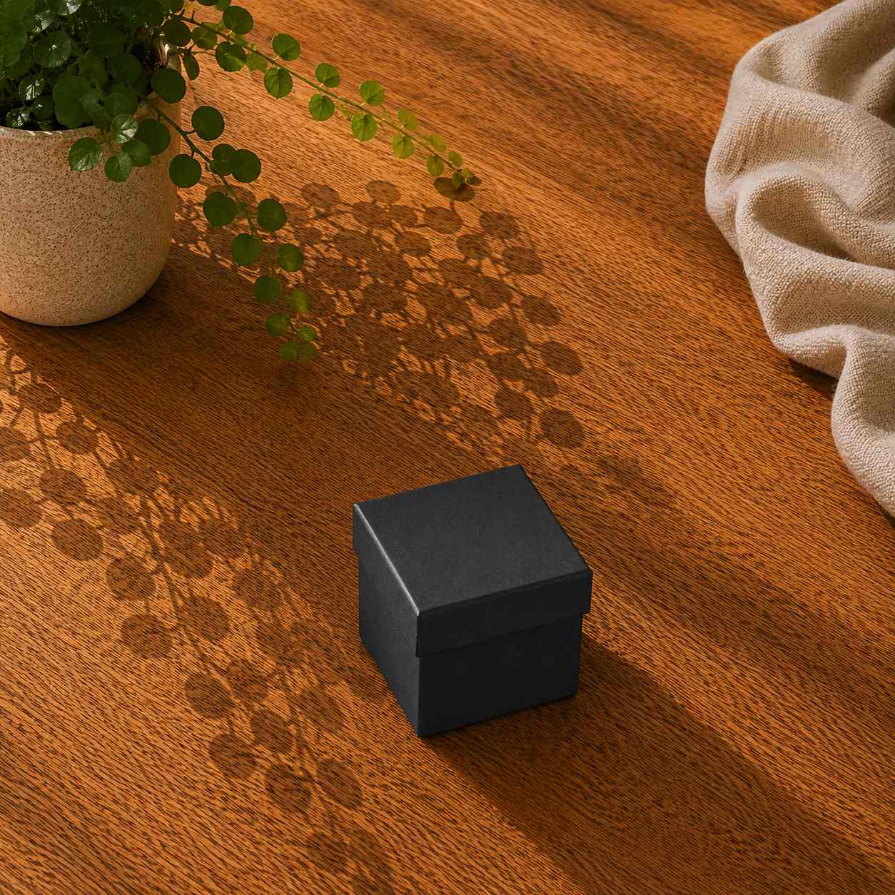 Eine kleine schwarze Geschenkbox „Pure“ in Größe XS von Artoz Papier AG steht auf einer Holzfläche neben einer Topfpflanze und einem beigen Tuch, wobei die Schatten der Pflanze auf den Tisch fallen.
