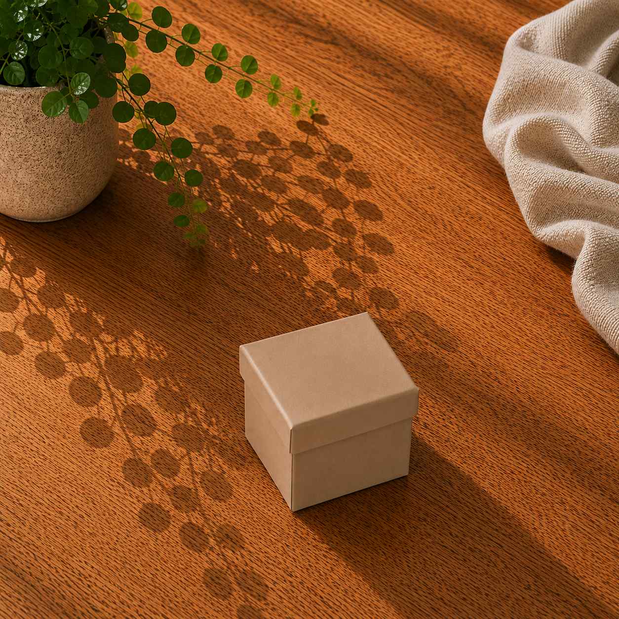 Eine kompakte, geschlossene braune Pappschachtel von Artoz Papier AG – die Geschenk-Box Pure in Größe XS in verschiedenen Farben – steht auf einem Holztisch neben einer Topfpflanze mit runden Blättern und einem hellen Tuch, auf dem sich der Schatten der Pflanze abzeichnet.