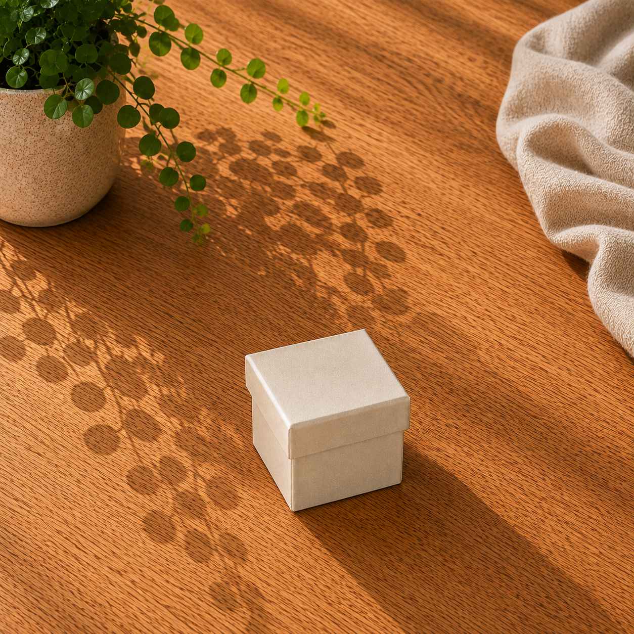 Eine kleine weiße Geschenkbox „Pure“ in Größe XS von Artoz Papier AG steht auf einer Holzfläche neben einer Topfpflanze und einem beigen Tuch, während das Sonnenlicht Blattschatten über den Tisch wirft.