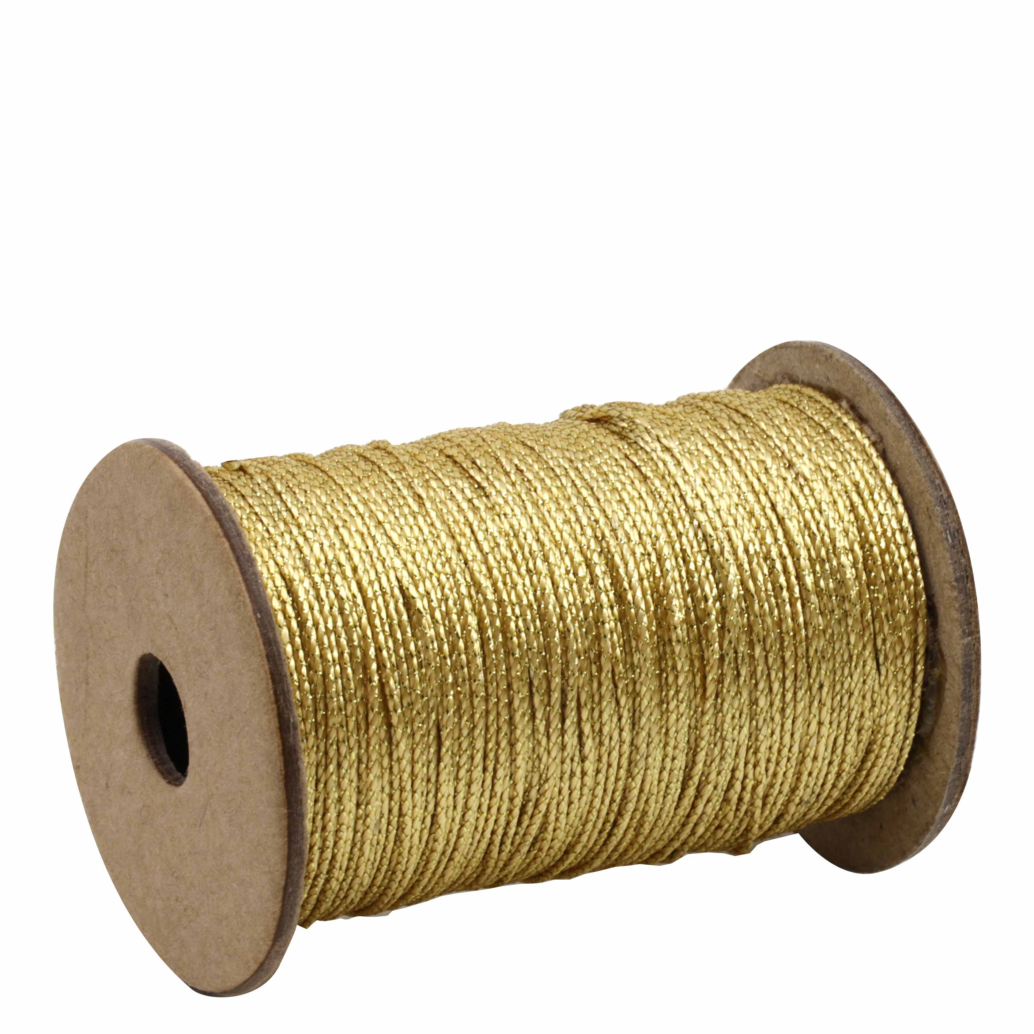 Eine Spule Artoz Papier AG Geschenkband Gold Lurexgarn ist auf einer Pappspule aufgewickelt, wobei beide Enden sichtbar sind. Diese glatte, metallische Kordel eignet sich ideal zum Basteln oder als 20m-Strickgarn.