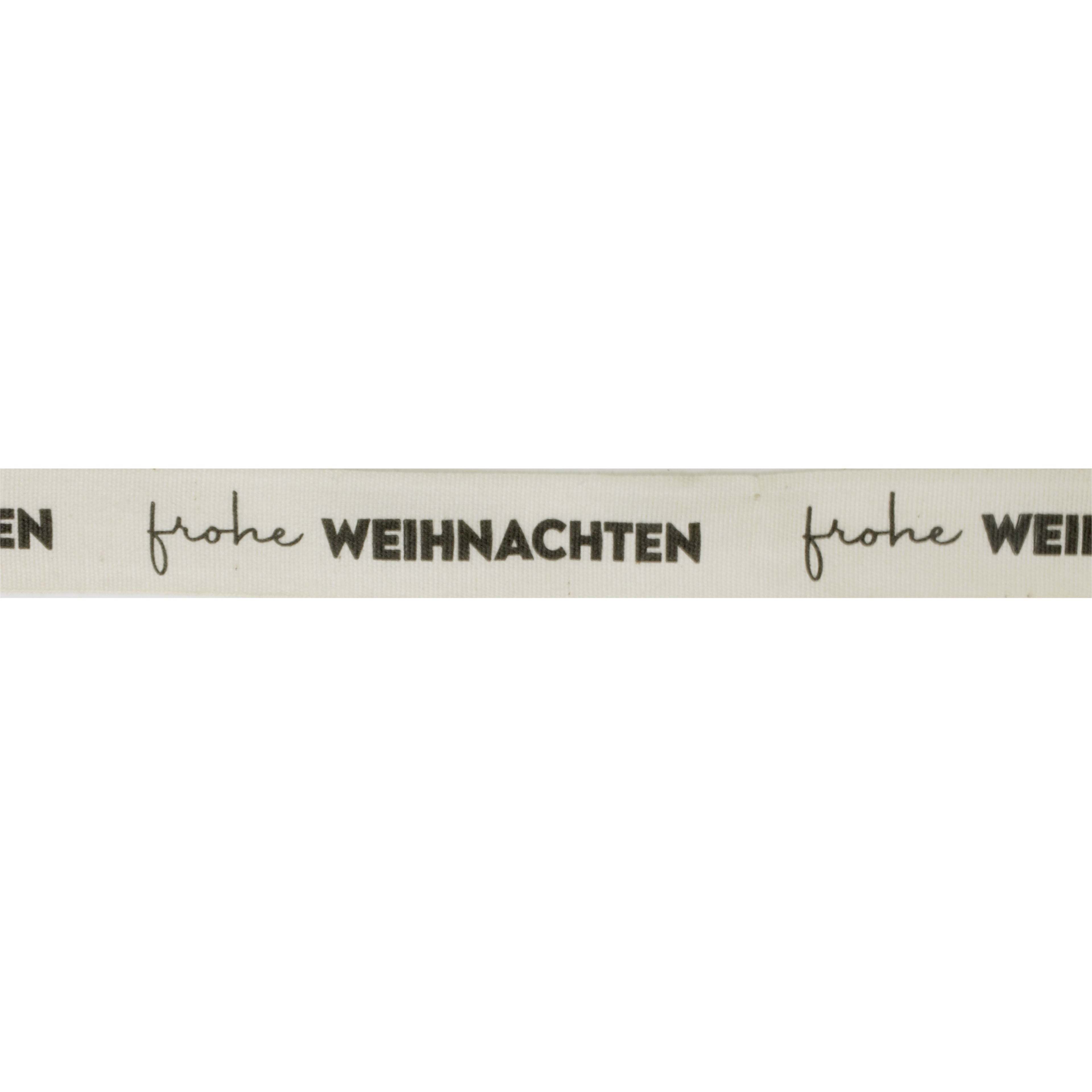 Das Geschenkband Frohe Weihnachten der Artoz Papier AG: 5 m weißes Baumwollband mit dem Schriftzug "frohe WEIHNACHTEN" in schwarzer Schreibschrift und fetten Großbuchstaben, die sich über die gesamte Länge wiederholen.