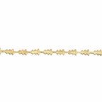 Das Artoz Papier AG Geschenkband Tannenbaum Gold ist ein Polyesterband mit einem strukturierten Zickzack-Muster, das horizontal auf einem weißen Hintergrund angebracht ist.