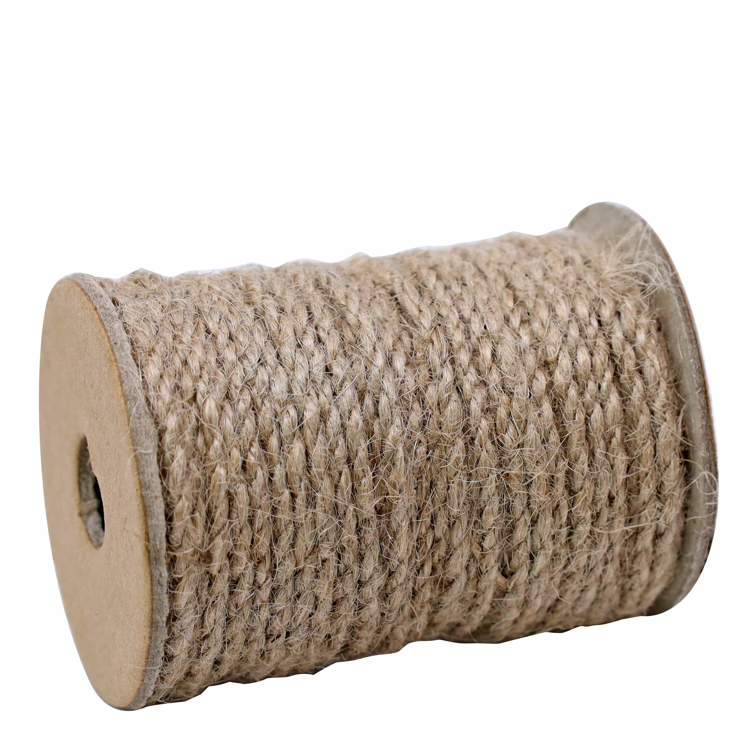 Bobine de 20 mètres de ficelle de jute Kraft Geschenkband d'Artoz Papier AG, corde épaisse et grossière enroulée autour d'extrémités en carton, présentée sur un fond blanc.