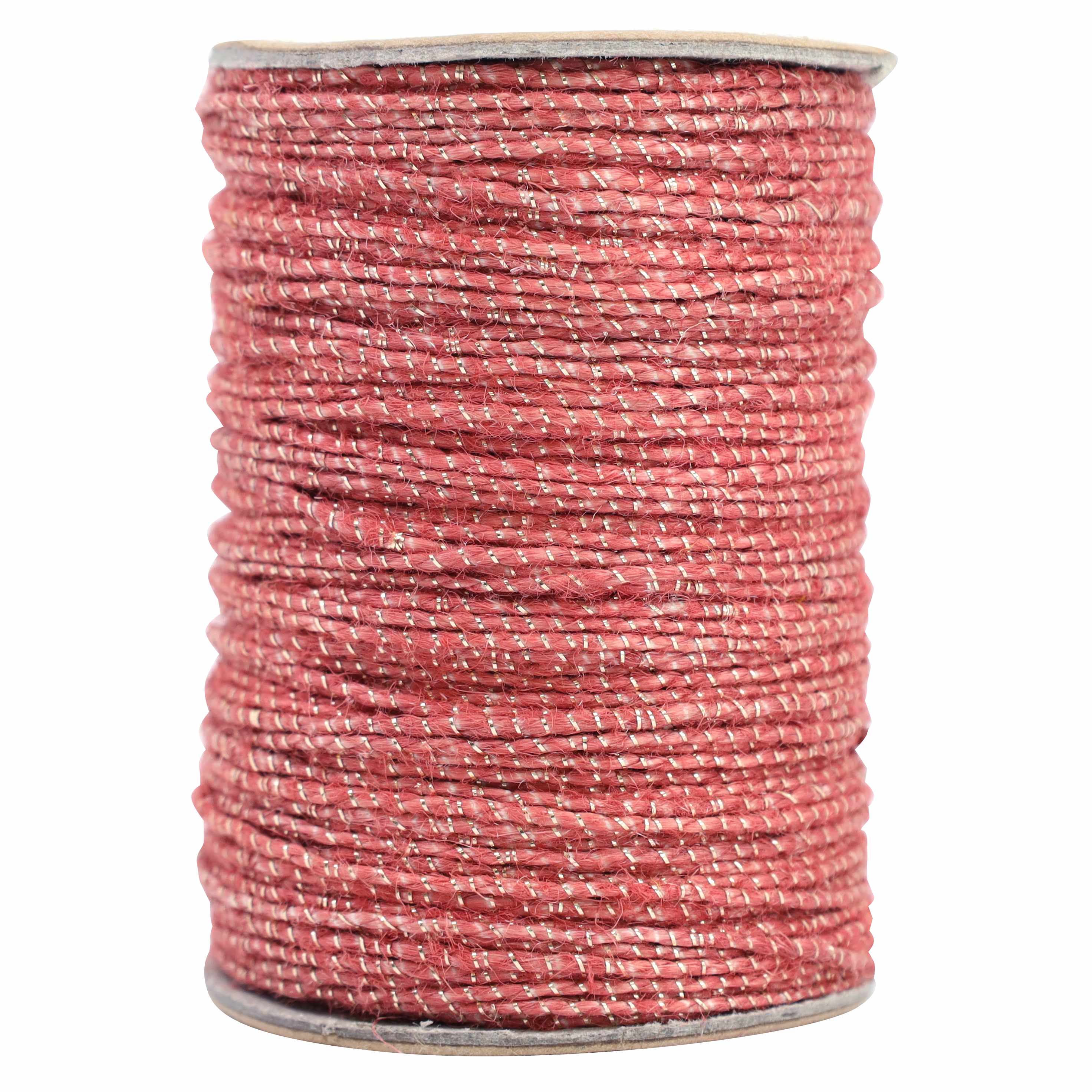 Le Geschenkband Rot d'Artoz Papier AG est une bobine de ficelle rouge avec un fil métallique argenté, fabriquée à partir d'un mélange de jute et de polyester, présentée à la verticale sur un fond blanc.