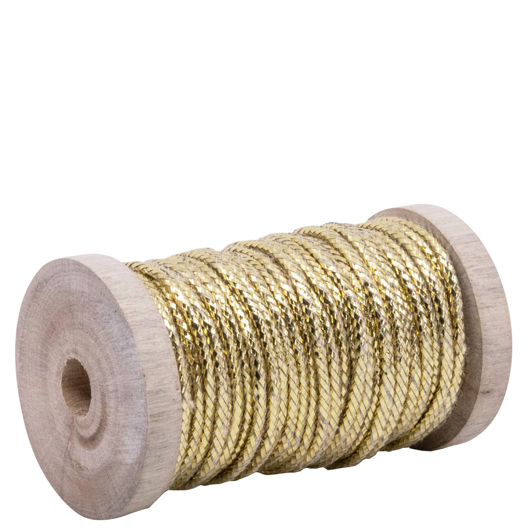 Eine 10 m lange Spule aus goldglänzendem Geschenkband Gold (57) der Artoz Papier AG, hergestellt aus Baumwolle und metallischem Lurex, ist um eine leichte Holzspule gewickelt und wird vor einem weißen Hintergrund präsentiert.