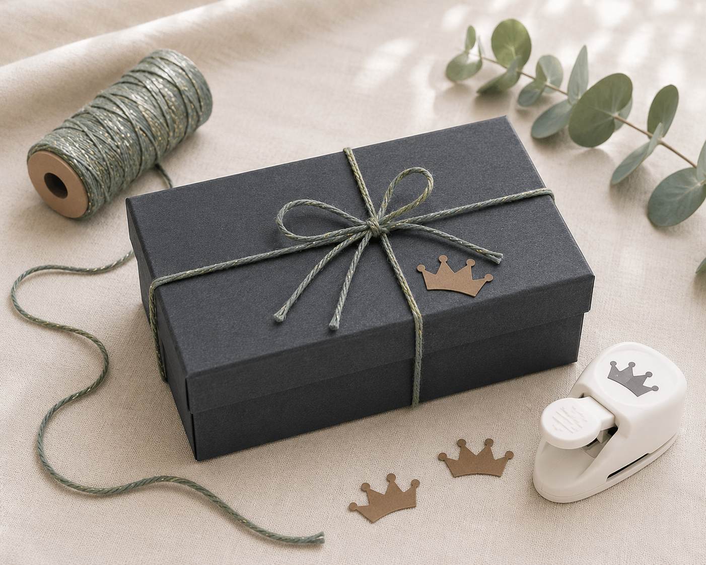 Eine rechteckige Geschenkbox „Pure L“ der Artoz Papier AG in Schwarz, mit grünem Bindfaden verschnürt, steht auf einem Stück Stoff neben einer Bindfadenspule, Eukalyptusblättern, einem weißen, kronenförmigen Papierstanzer und zwei kleinen braunen Kronenausschnitten.