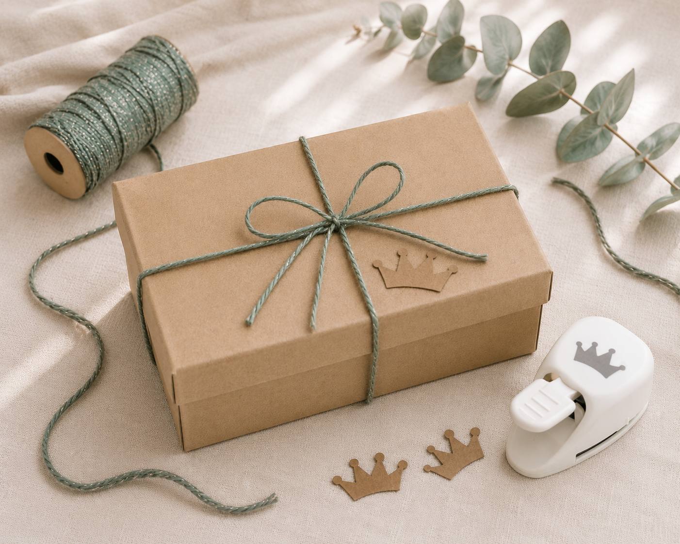 Eine rechteckige Geschenkbox „Pure L“ in Grün von Artoz Papier AG aus Buchkarton mit grünem Bindfaden und einer kronenförmigen Aussparung steht auf einem Stück Stoff, neben einer Spule Bindfaden, Eukalyptusblättern sowie einem Papierstanzer mit zwei ausgestanzten Papierkronen.