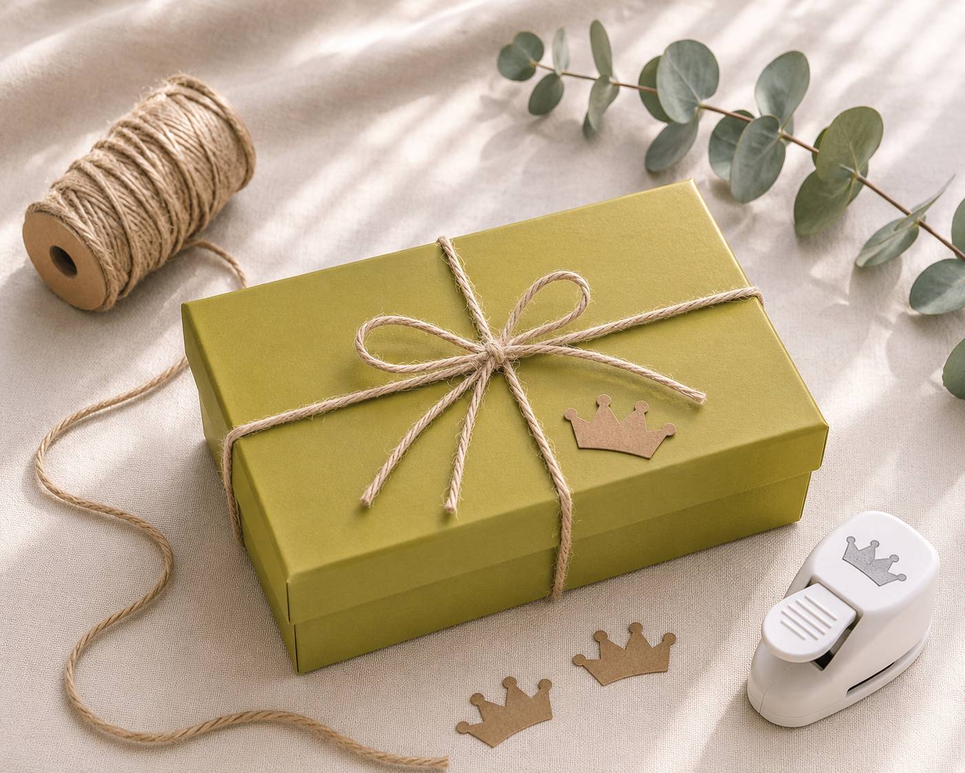 Eine grüne „Geschenk-Box Pure L rechteckig“ von Artoz Papier AG, mit einer Schnur verschnürt und mit einer goldenen Krone verziert, steht auf einem beigen Tuch neben einer Schnurrolle, Papierkronen, einem Locher und Eukalyptusblättern.