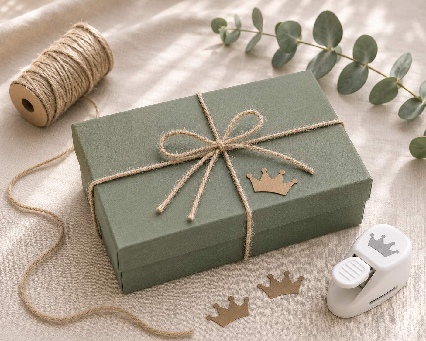 Eine Geschenkbox „Pure L“ der Artoz Papier AG in grüner Ausführung, mit einer Kordel umwickelt und mit einer Kronenform aus Papier verziert, liegt auf einer beigen Stoffunterlage. Daneben liegen eine Garnrolle, Eukalyptuszweige, ein Bastellocher und zwei ausgestanzte Kronen – die perfekte Inspiration für kreative Geschenkverpackungen oder Buchkartonkonstruktionen.