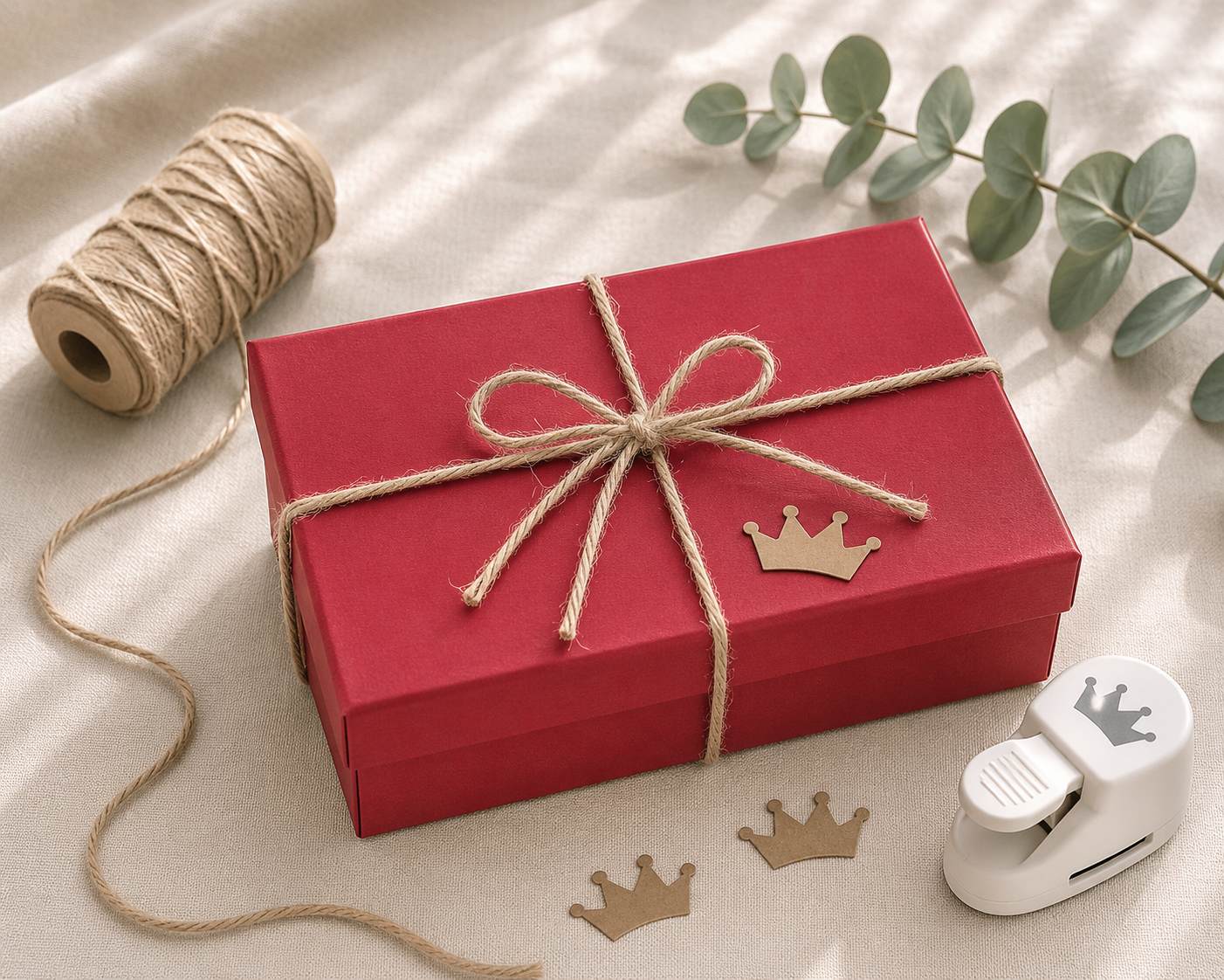 Eine rechteckige Geschenkbox „Pure L“ der Artoz Papier AG in leuchtendem Rot ruht auf einer hellen Stoffunterlage, ist mit einer Schnur verschnürt und von einer Schnurrolle, Eukalyptusblättern, einem kronenförmigen Papierstanzer sowie ausgeschnittenen Papierkronen umgeben – so entsteht eine bezaubernde Szene kreativer Geschenkverpackung.