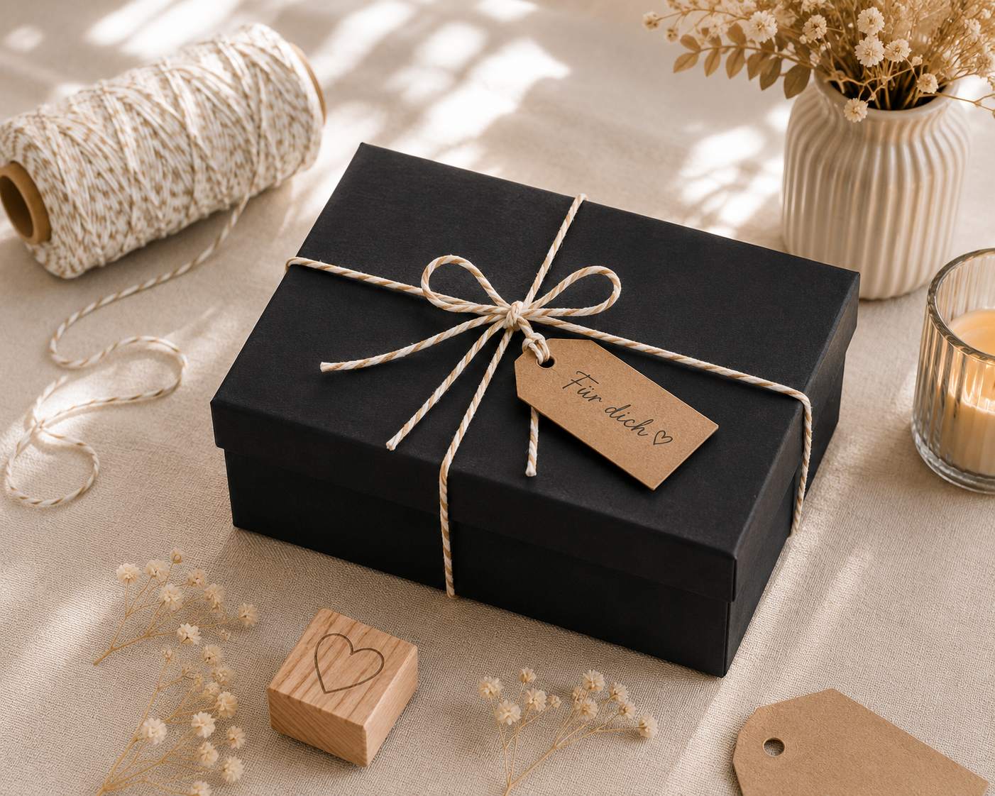 Eine rechteckige Geschenkbox „Pure M“ von Artoz Papier AG aus hochwertigem Buchkarton, stilvoll mit Bindfaden verschnürt und mit einem „For Dad“-Etikett verziert, steht auf einem beigen Tisch. Getrocknete Blumen, eine Kerze, eine Garnrolle, ein Herz-Stempelblock und ein blanko Anhänger runden dieses charmante Geschenkverpackungsarrangement ab.