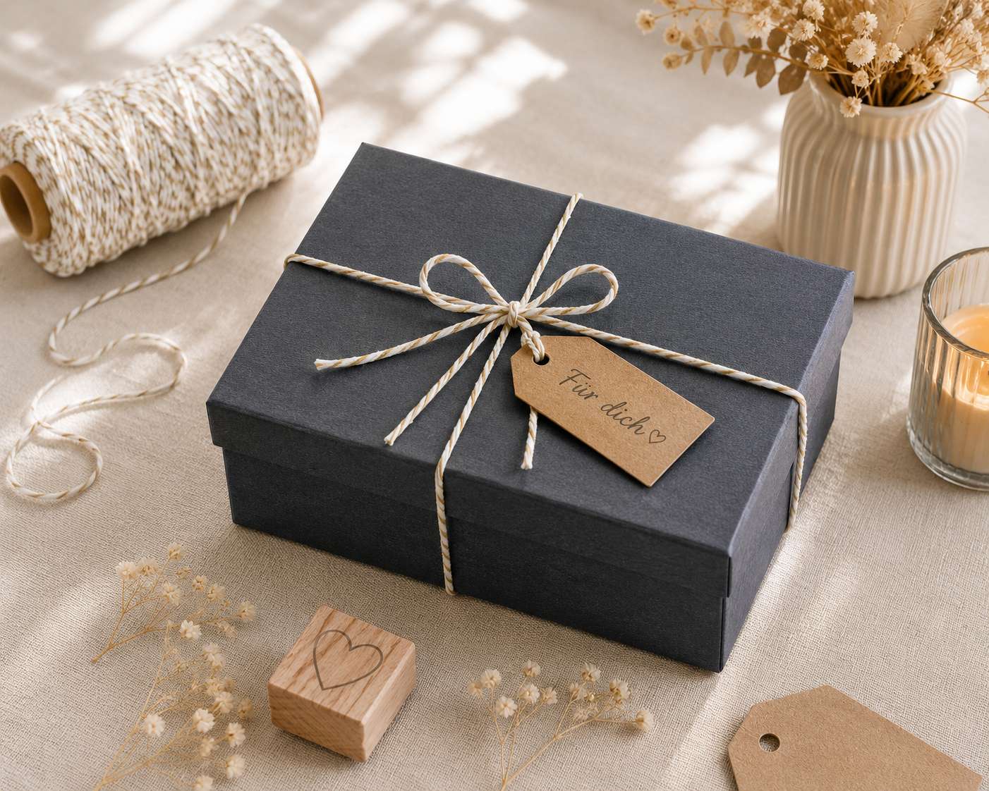 Eine elegante Geschenkverpackung besteht aus der rechteckigen Geschenkbox „Pure M“ in Schwarz von Artoz Papier AG, die mit einer Schnur zusammengebunden und mit einem Anhänger mit der Aufschrift „Für Papa“ verziert ist und auf einer beigen Tischdecke ruht. Um sie herum liegen Trockenblumen, zusätzliches Bindegarn, eine Kerze, ein Herzstempel aus Holz und ein unbeschriftetes Etikett – alles kunstvoll arrangiert, um eine stilvolle Geschenkpräsentation zu schaffen.
