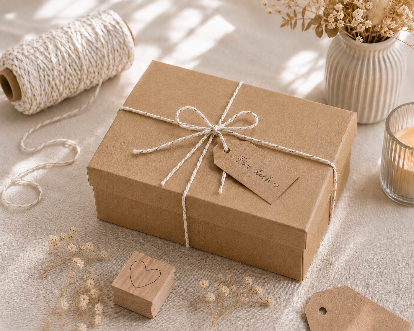 Eine rechteckige Geschenkbox „Pure M“ in Braun von Artoz Papier AG, mit einer weißen Schnur verschnürt und mit der Aufschrift „For You“ versehen, steht auf einer beigen Fläche, umgeben von Trockenblumen, einer Kerze, einer Schnur und einem Holzstempel mit einem Herz. Warmes Sonnenlicht strömt herein.