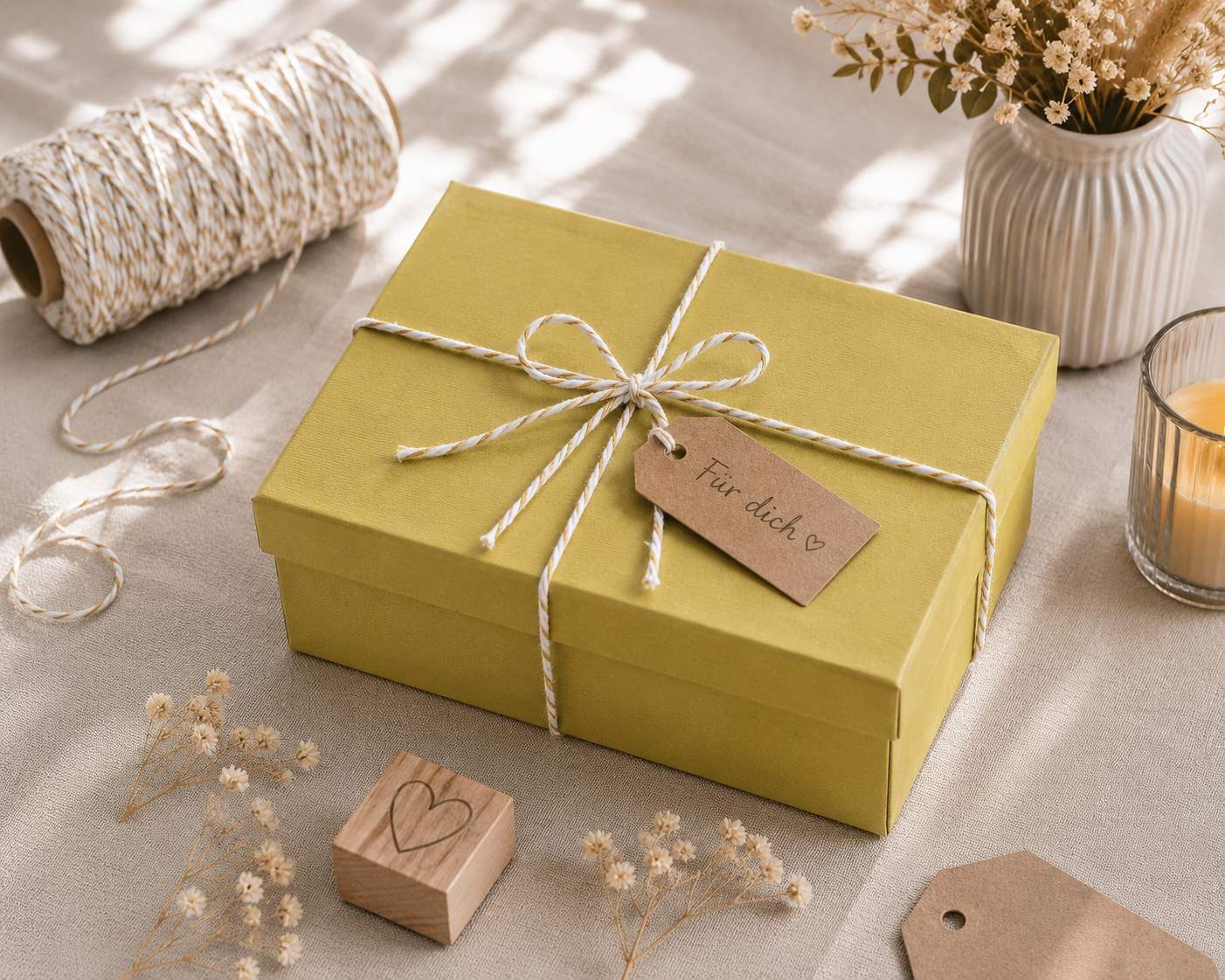 Eine rechteckige Geschenkbox „Pure M“ der Artoz Papier AG in Gelb steht auf einem Tisch neben Trockenblumen, einer Kerze, Schnur, einem Herzstempel und leeren Anhängern. Mit einer Schnur zusammengebunden und mit einem Anhänger mit der Aufschrift „Für dich“ verziert, liegt die stilvolle Geschenkverpackung im sanften Sonnenlicht, das weiche Schatten wirft und ihre einladende Optik unterstreicht.