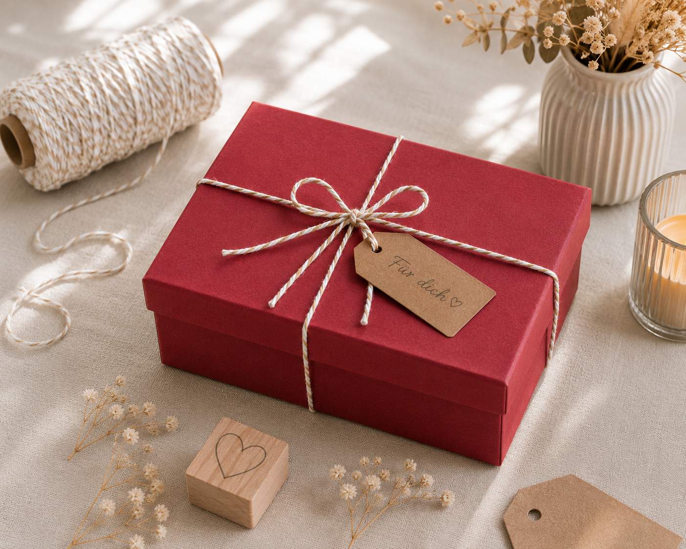 Eine rote Geschenkbox „Pure M“ in rechteckiger Form von Artoz Papier AG mit einem Anhänger, auf dem „Für Papa“ steht, ist mit einer Schnur verschnürt und zeugt von einer liebevollen Geschenkverpackung. Daneben liegen Trockenblumen, eine Kerze, Schnur und ein Holzstempel mit einem Herz auf einer beigen Tischdecke und schaffen so eine warme und gemütliche Atmosphäre.