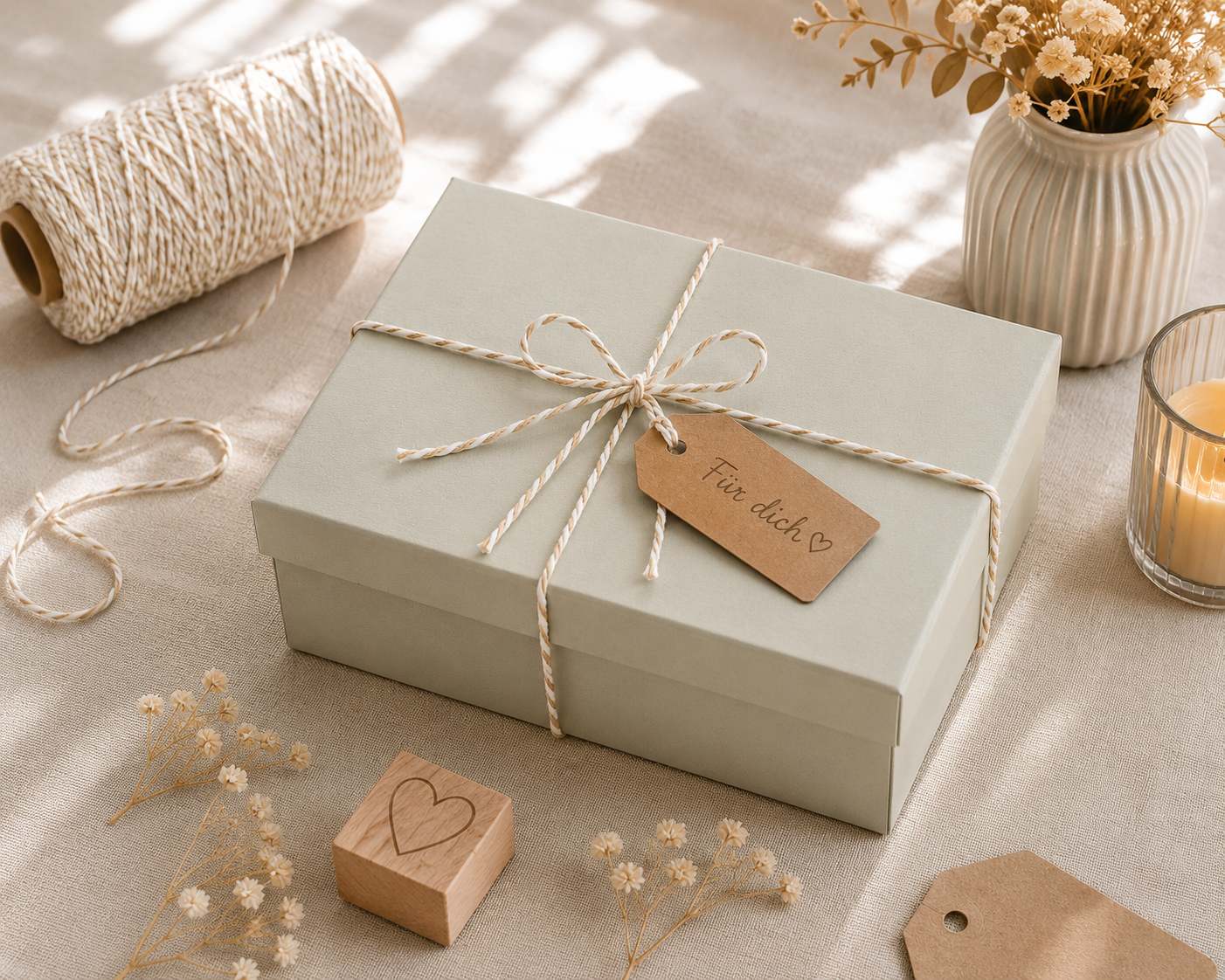 Eine rechteckige Geschenkbox „Pure M“ von Artoz Papier AG, sorgfältig mit Twine verschnürt und mit einem „Für dich“-Anhänger versehen, steht auf einem beigen Tisch. Neben der stilvollen Schachtel aus Buchkarton liegen getrocknete Blumen, eine Spule Schnur, eine Kerze und ein Herz-Holzstempel – alles liebevoll arrangiert.