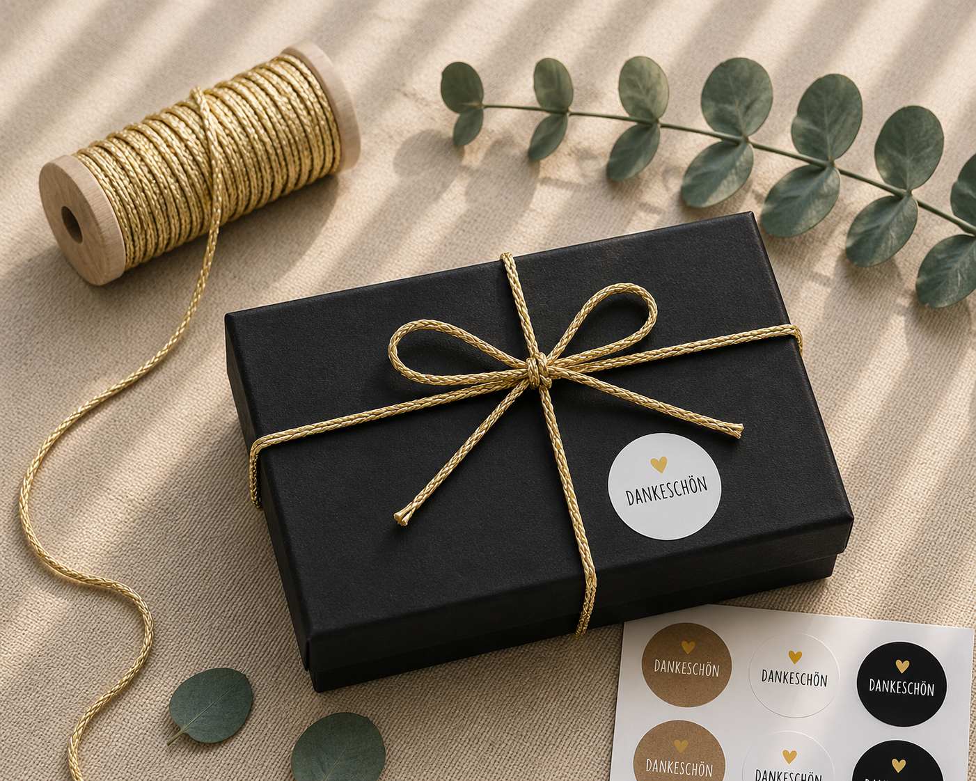 Die rechteckige Geschenk-Box „Pure S“ von Artoz Papier AG in Schwarz, gefertigt aus elegantem Buchkarton, ist mit einer goldenen Kordel verschnürt und mit einem runden Aufkleber mit der Aufschrift „Dankeschön“ versehen. Daneben liegen eine Rolle Goldkordel, Eukalyptusblätter und zusätzliche Aufkleber in Gold, Weiß und Schwarz – ideal, um Ihre Geschenkverpackung nachhaltig und stilvoll zu gestalten.