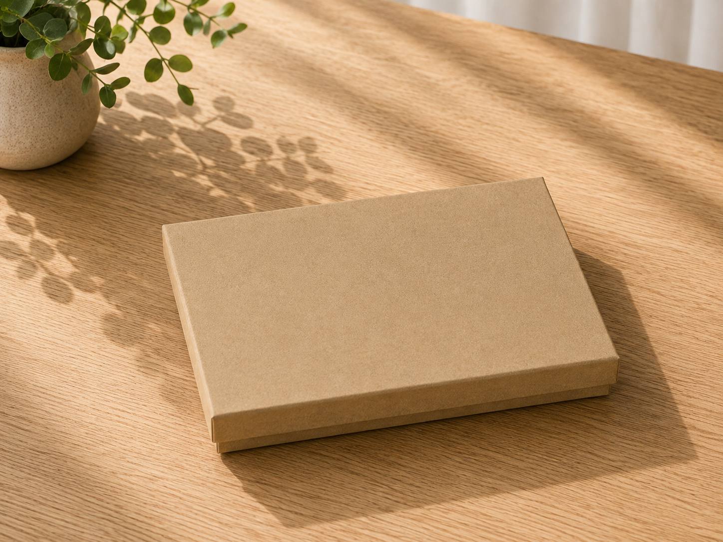 Une boîte-cadeau « Pure A5 » d'Artoz Papier AG, encore fermée, d'un brun sobre, trône sur une table en bois clair à côté d'une petite plante en pot, tandis que la lumière du soleil projette de douces ombres sur sa surface.