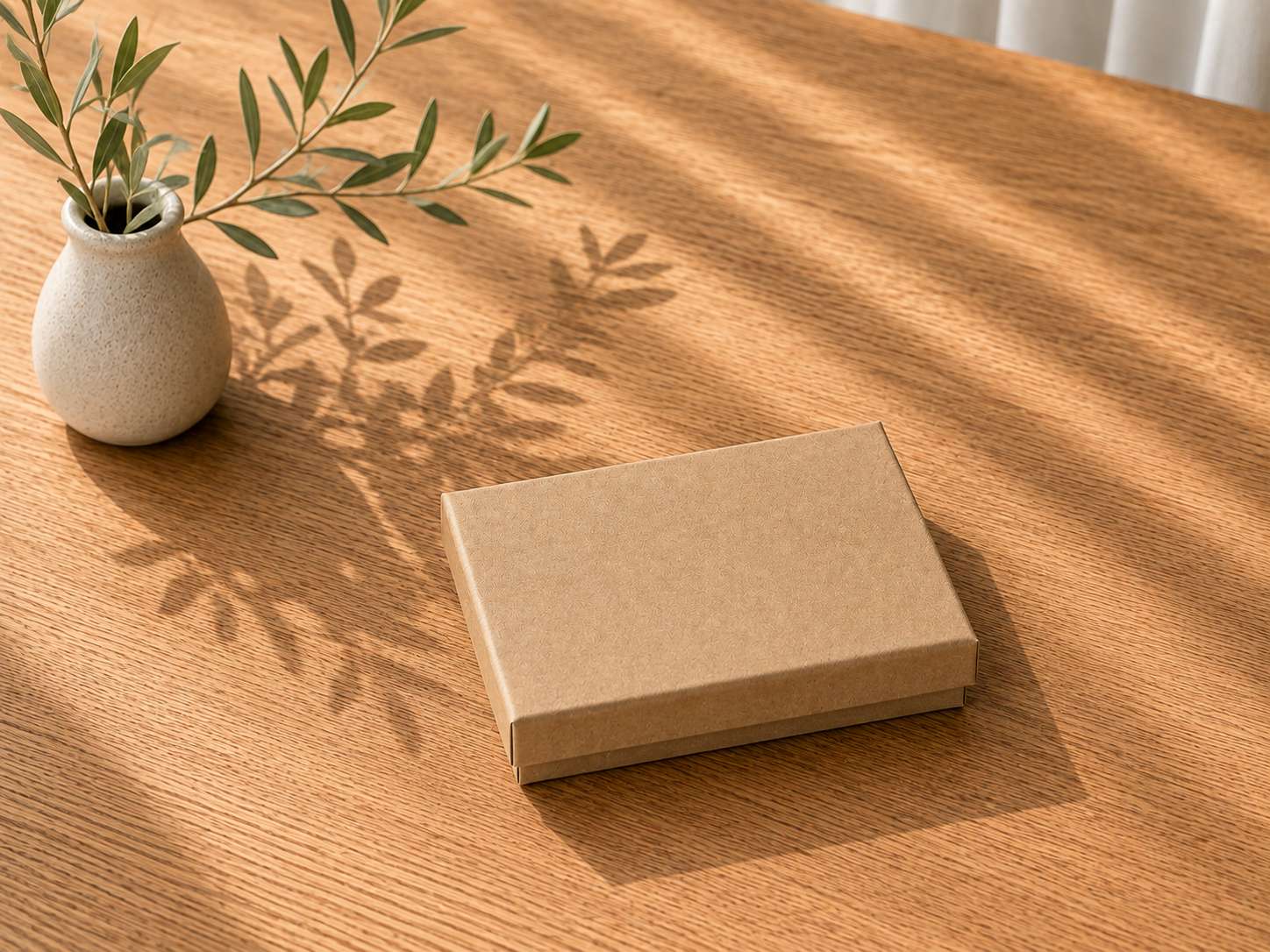 Eine braune Geschenkbox „Pure A6“ der Artoz Papier AG steht geschlossen auf einem Holztisch neben einer kleinen Vase mit grünen Blättern, während sanftes Sonnenlicht weiche Schatten über die Szene wirft.