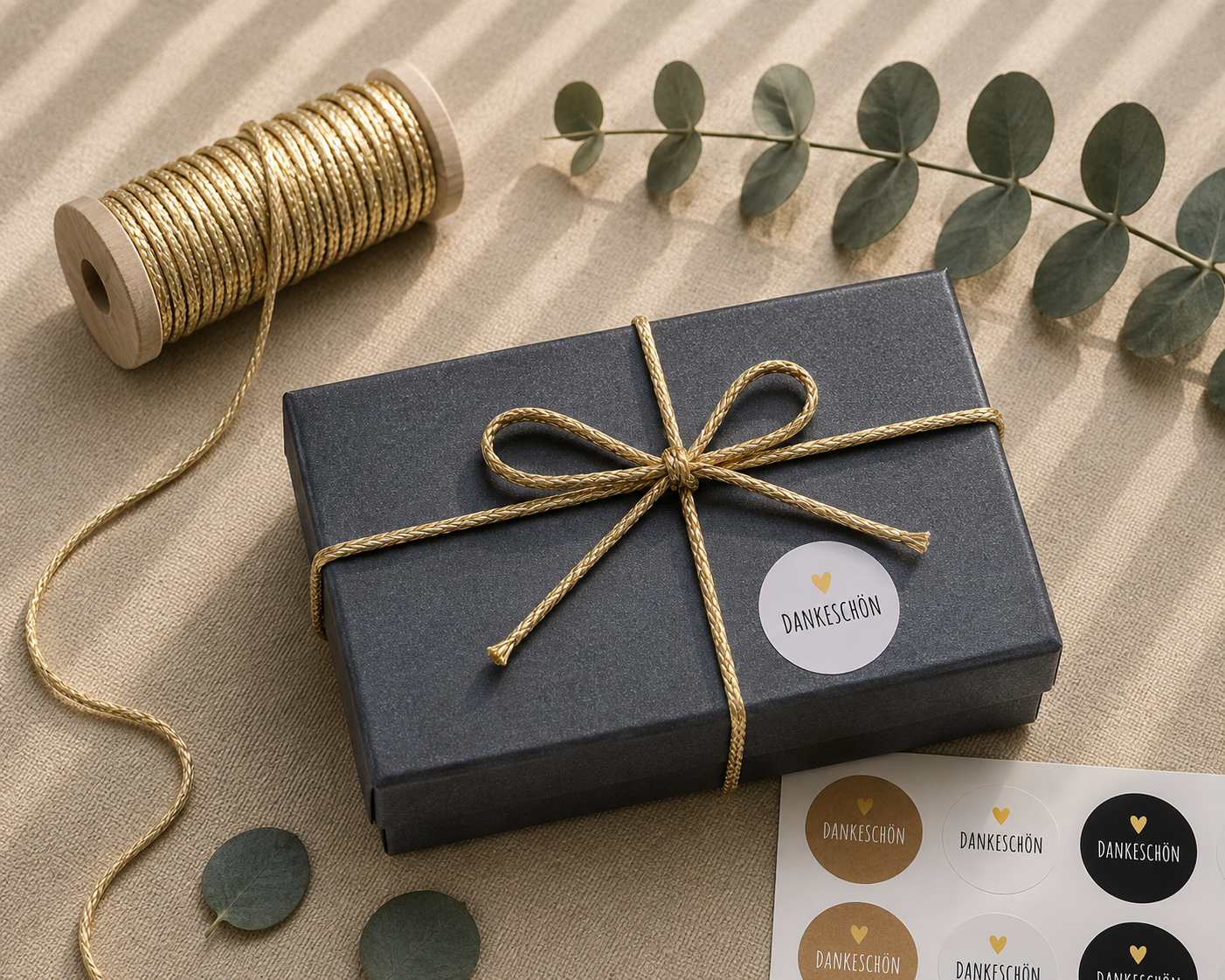 Eine rechteckige Geschenkbox „Pure S“ von Artoz Papier AG in dunkler Farbe aus stabilem Buchkarton, mit einer goldenen Schnur gebunden, steht auf einem beigen Tuch neben einer Spule mit goldener Kordel, Eukalyptusblättern und wiederverwendbaren Aufkleberetiketten mit der Aufschrift „DANKESCHÖN“ und kleinen Herzen.