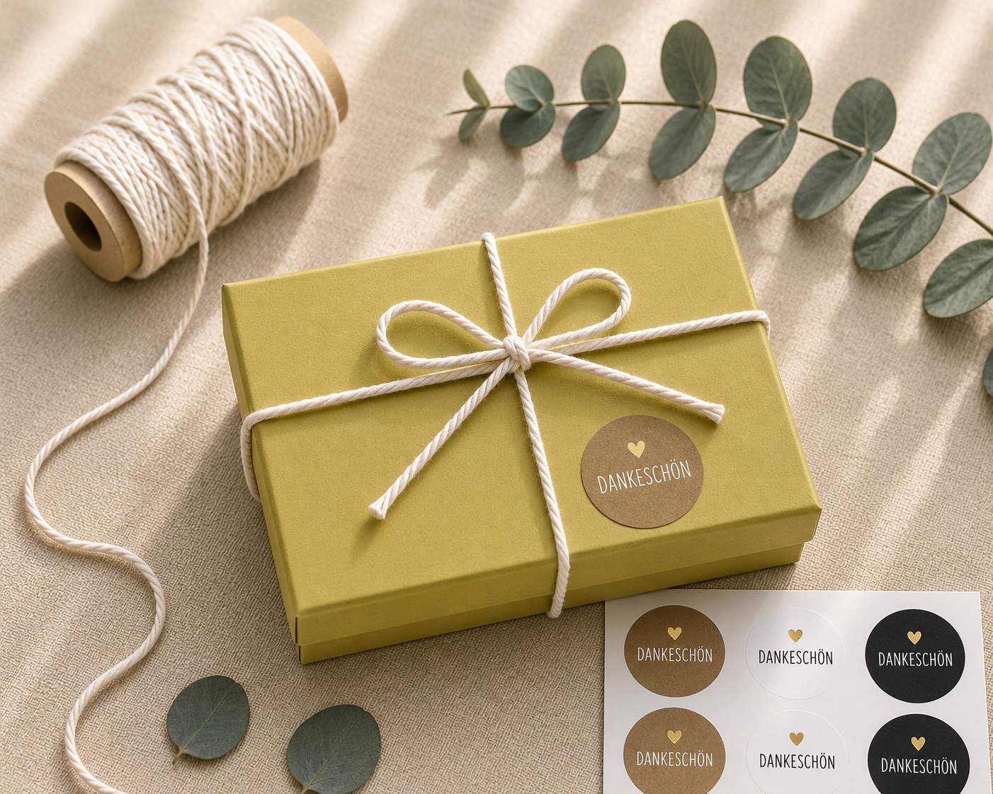 Une boîte-cadeau verte « Pure S » de la société Artoz Papier AG, de forme rectangulaire, fermée par un cordon blanc et ornée d’un autocollant doré en forme de cœur portant l’inscription « Merci », repose sur un support beige à côté d’un rouleau de ficelle, des feuilles d’eucalyptus et d’autres autocollants « Merci ». La structure en carton de livre garantit la solidité de la boîte et permet de la réutiliser pour de futures occasions de cadeaux.