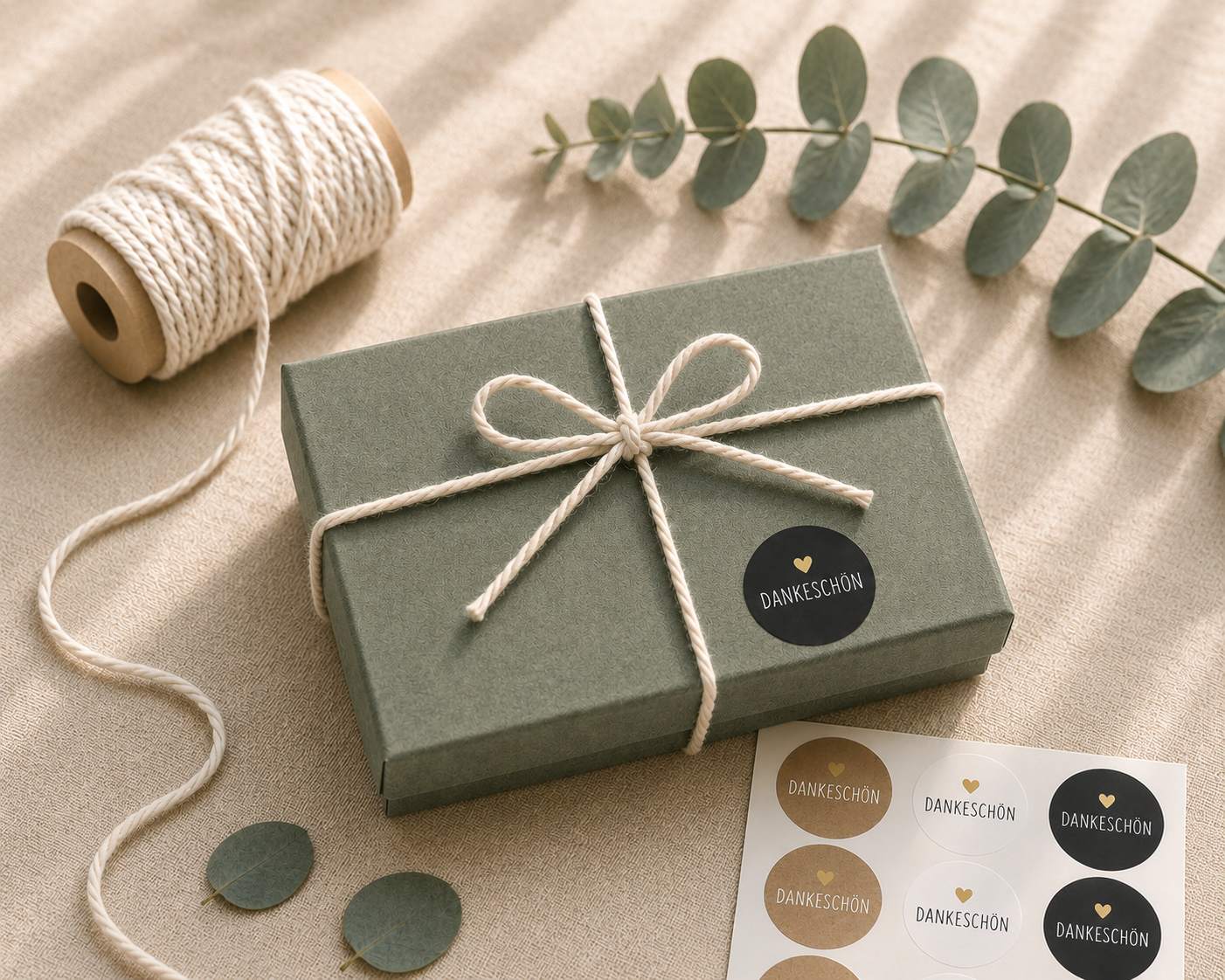 Eine grüne Geschenkbox „Pure S“ der Artoz Papier AG in rechteckiger Form (verschiedene Farben), mit einer weißen Schnur verschnürt, steht auf einer beigen Unterlage und ist mit einem „Dankeschön“-Aufkleber verziert. Daneben liegen eine Schnurrolle, Eukalyptusblätter und ein Bogen mit goldenen und silbernen „Dankeschön“-Aufklebern – ideal für eine nachhaltige Geschenkverpackung oder um Ihren Geschenken einen umweltfreundlichen Touch zu verleihen.