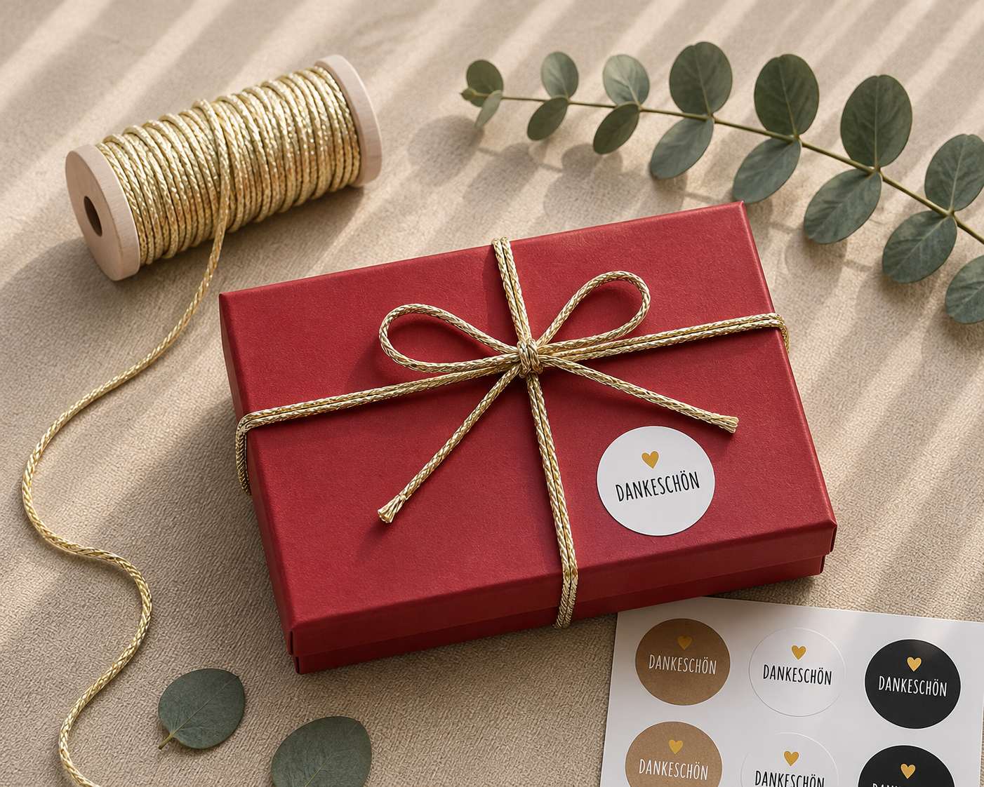 Eine elegante rote Geschenkbox „Pure S“ der Artoz Papier AG in rechteckiger Form (verschiedene Farben) ist mit einer goldenen Schnur verschnürt und mit einem „DANKESCHÖN“-Aufkleber verziert. Umgeben von dekorativen Eukalyptusblättern, einer Spule mit goldener Schnur und weiteren Aufklebern auf beigem Untergrund präsentiert diese Verpackung eine durchdachte, nachhaltige Geschenkverpackung aus hochwertigem Buchkarton.