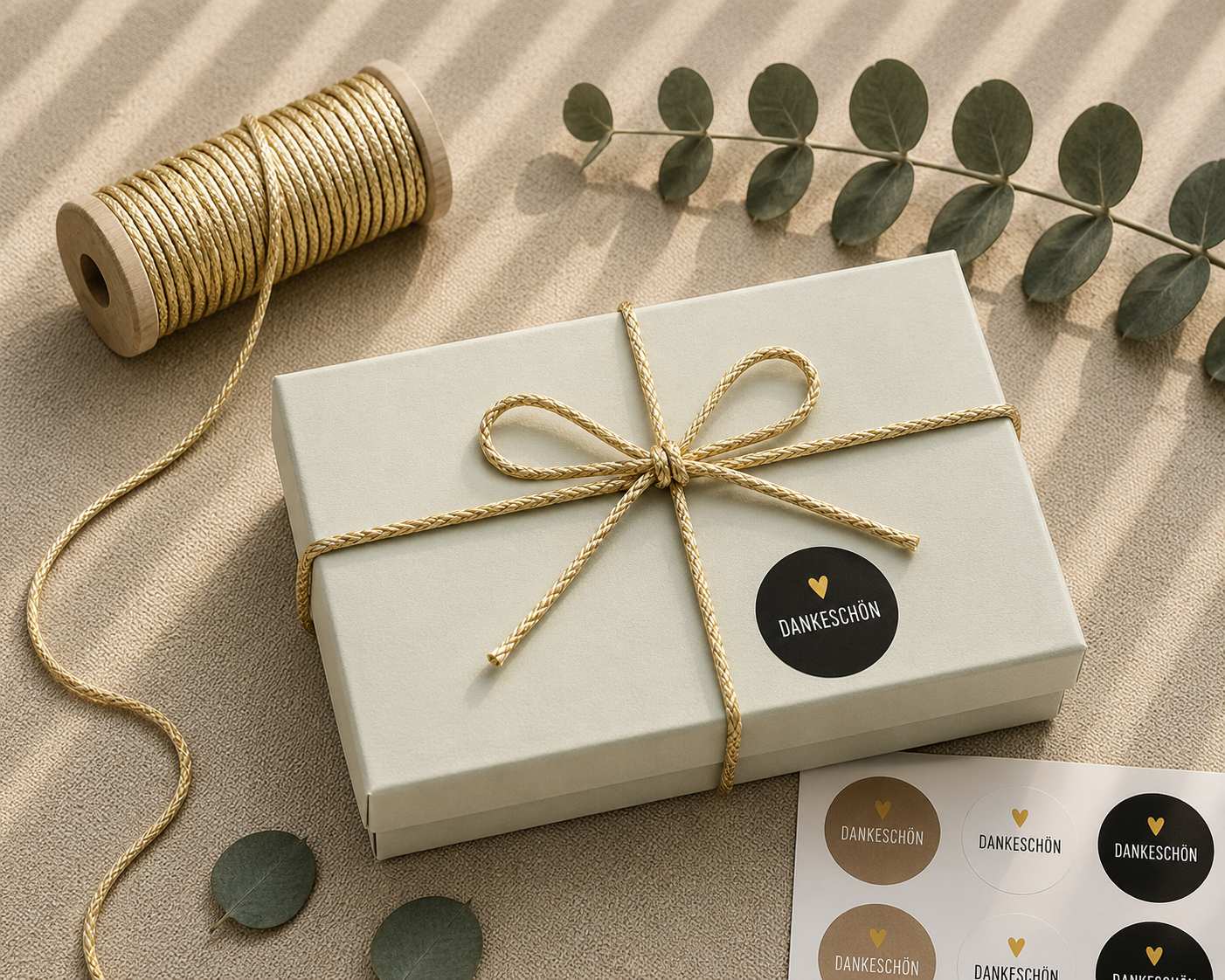Eine rechteckige Geschenkbox „Pure S“ von Artoz Papier AG aus stabilem Buchkarton, sorgfältig mit goldener Schnur gebunden und mit dem Etikett „DANKE SCHÖN“ versehen, steht auf einer beigen Unterlage. Daneben liegen eine Spule mit goldener Schnur, Eukalyptusblätter und Dankeschön-Aufkleber – so wird nachhaltige Geschenkverpackung stilvoll umgesetzt.