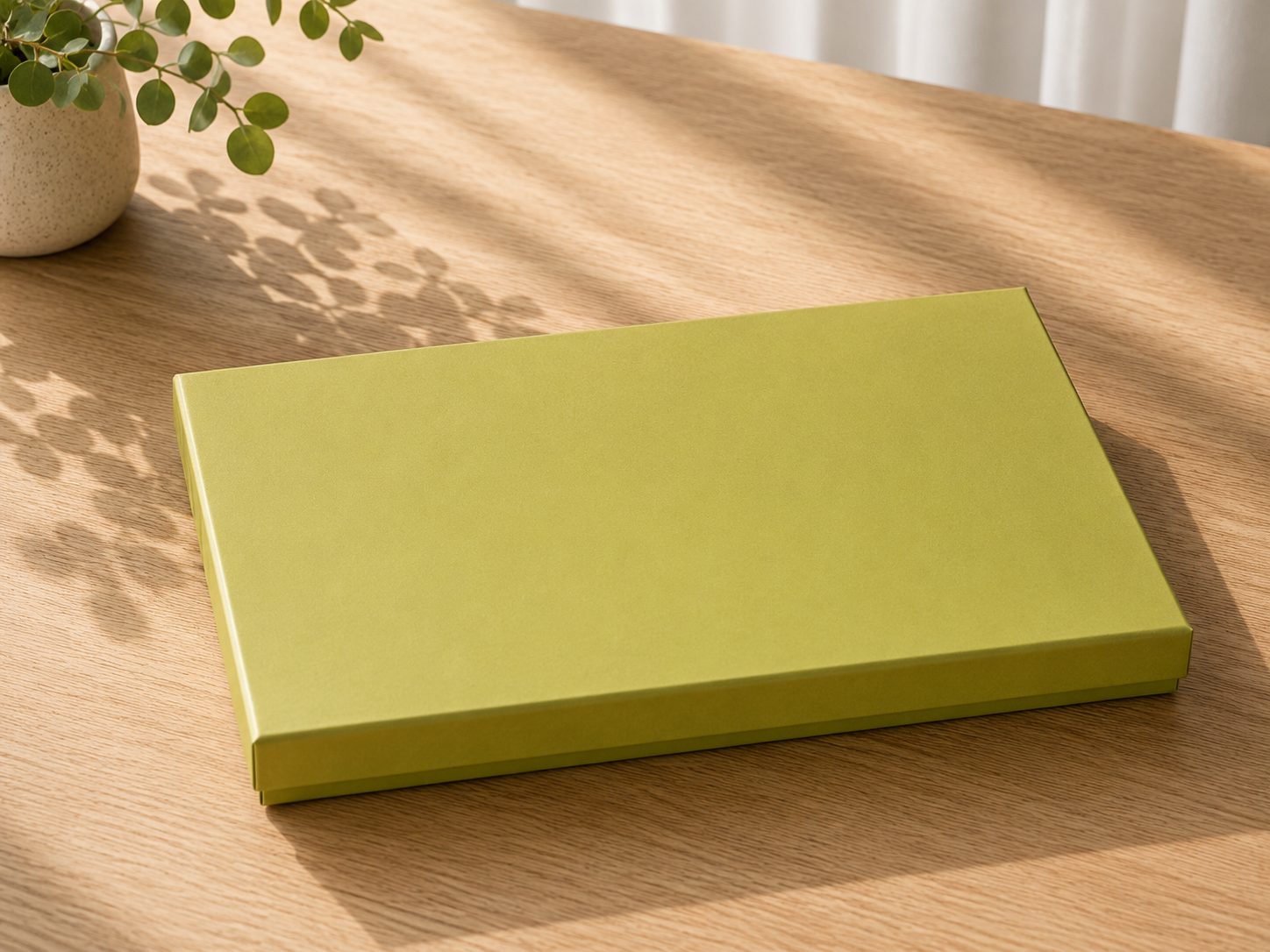 Eine Geschenkbox „Pure A4“ der Artoz Papier AG in Grün, geschlossen und rechteckig, steht auf einem hellen Holztisch. Das Sonnenlicht wirft sanfte Schatten, darunter auch die Umrisse der Blätter einer Pflanze in einem weißen Topf, die daneben steht. Weiße Vorhänge bilden den Hintergrund.