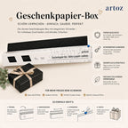 Une boîte distributrice de papier cadeau rechargeable de la marque Artoz Papier AG est présentée, ses caractéristiques étant mises en évidence tout autour. À côté de la boîte, on aperçoit un cadeau emballé orné d'un nœud. Des icônes et des schémas expliquent comment utiliser la boîte pour découper et ranger le papier cadeau.
