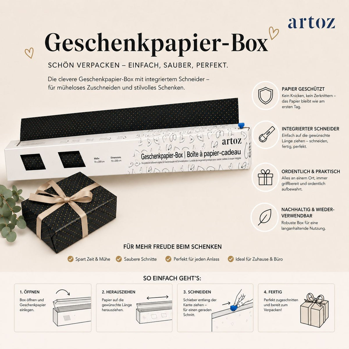 Une boîte distributrice de papier cadeau rechargeable de la marque Artoz Papier AG est présentée, ses caractéristiques étant mises en évidence tout autour. À côté de la boîte, on aperçoit un cadeau emballé orné d'un nœud. Des icônes et des schémas expliquent comment utiliser la boîte pour découper et ranger le papier cadeau.