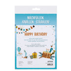 Das "Inhaltset für Tischbomben - Thema 'Happy Birthday'" von Artoz Papier AG zeigt ein festliches blaues Design mit dem Text Nachfüllen, Knallen, Strahlen!, Konfetti, Luftballons, Wimpeln, Geschenken und einem Geburtstagskuchen mit Kerzen und Glitzer.