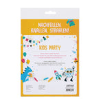 Un joyeux "Inhaltset für Tischbomben - Thema Kids Party" jaune et blanc d'Artoz Papier AG, avec des ballons de fête, des confettis, des serpentins, des animaux de dessin animé et le texte "NACHFÜLLEN, KNALLEN, STRAHLEN ! KIDS PARTY".