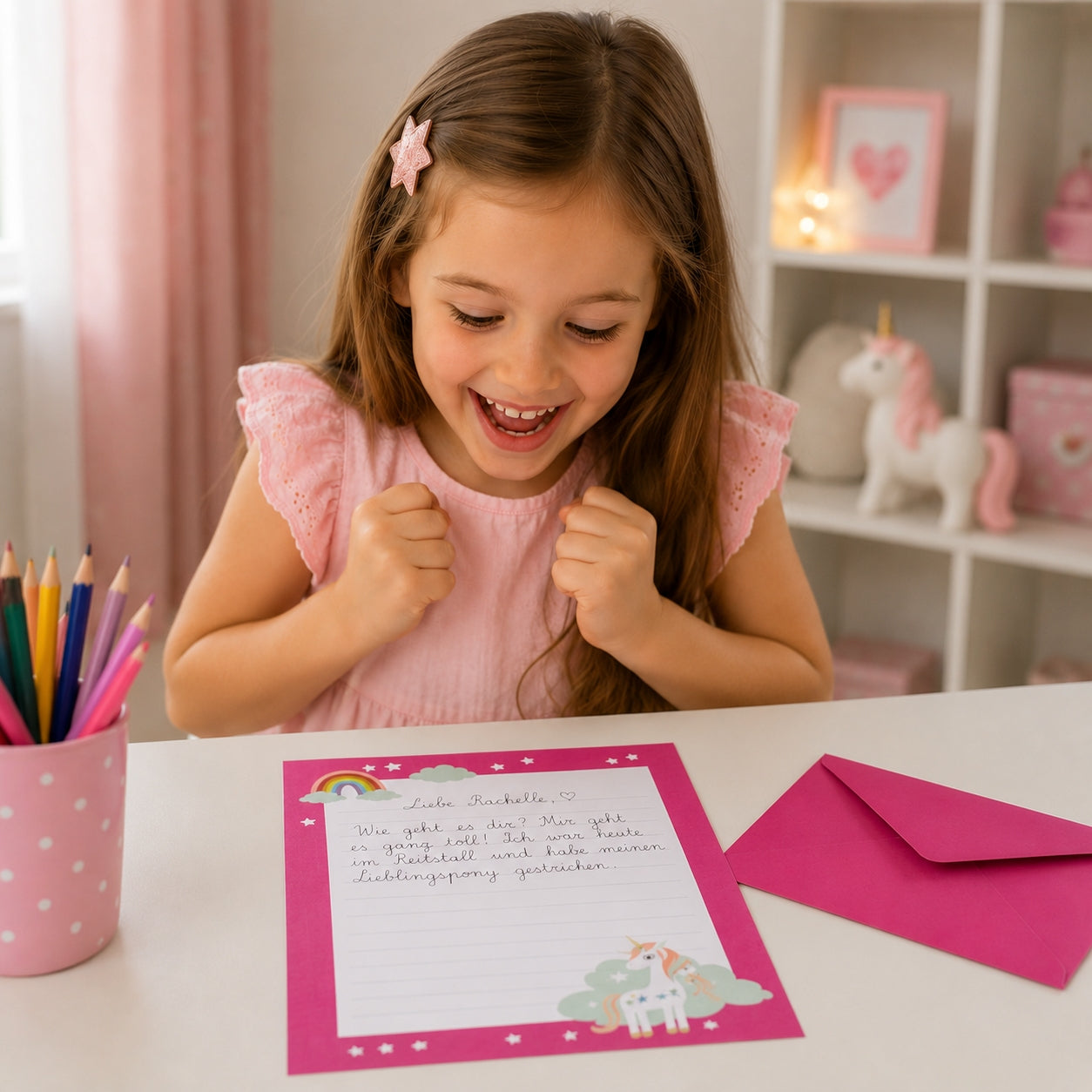 Une petite fille vêtue d'une robe rose sourit radieusement en regardant une lettre écrite à la main sur du papier à lettres de la collection « Einhorn » de la marque Artoz Papier AG Kinder Schreib-Set, avec en arrière-plan des crayons de couleur, une enveloppe rose et des décorations en forme de licorne issues de ce coffret.
