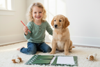 Un jeune enfant souriant, tenant un crayon de couleur rouge, est assis sur un tapis blanc à côté d'un chiot doré, entouré du coffret d'écriture pour enfants « Hund » d'Artoz Papier AG, de cahiers ouverts et de jouets, dans une pièce lumineuse.