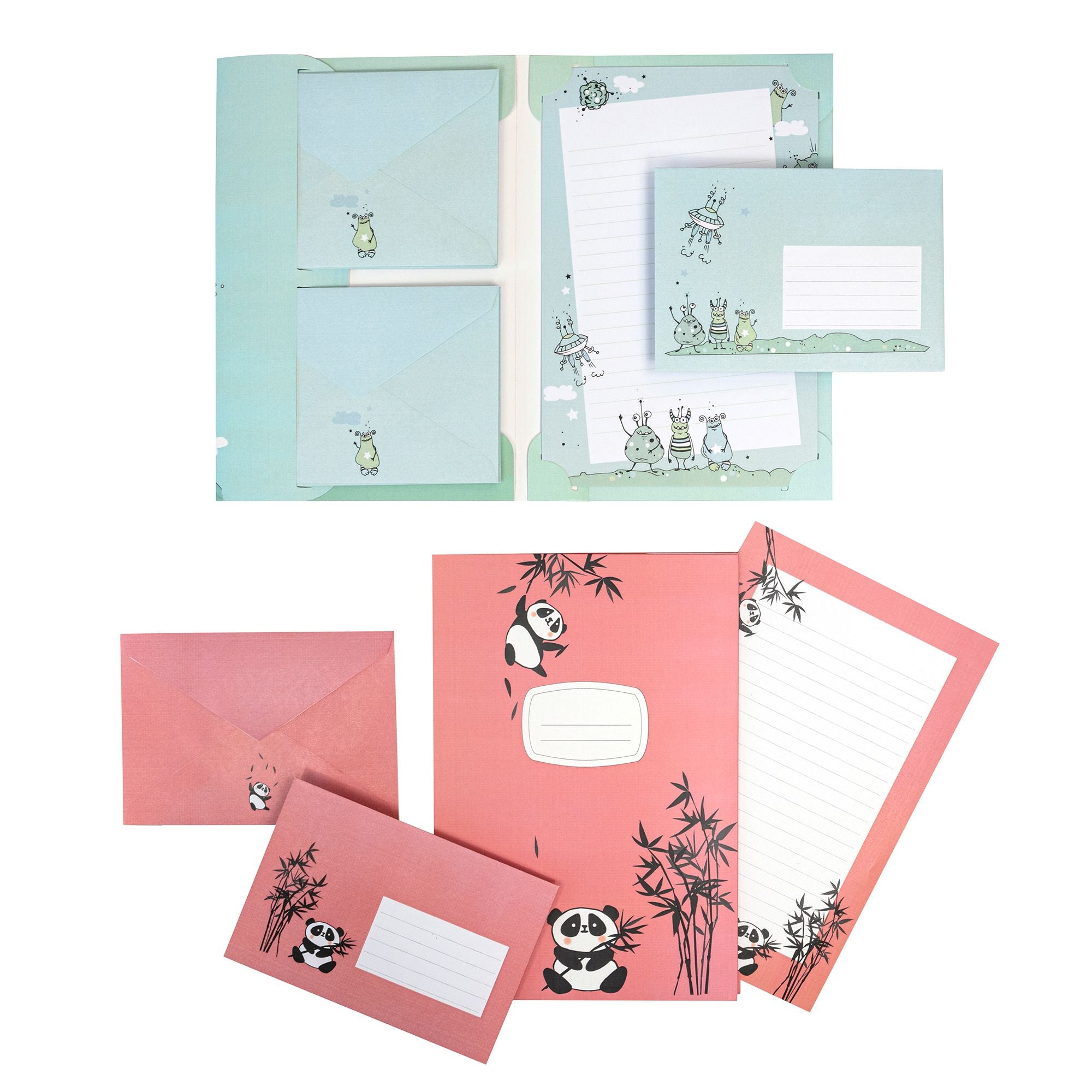 Deux coffrets d'écriture pour enfants « Panda » d'Artoz Papier AG : l'un de couleur bleu sarcelle orné de petits animaux, l'autre rose avec un motif de panda et de bambou. Les deux coffrets comprennent du papier à lettres pour enfants assorti ainsi que des enveloppes coordonnées.