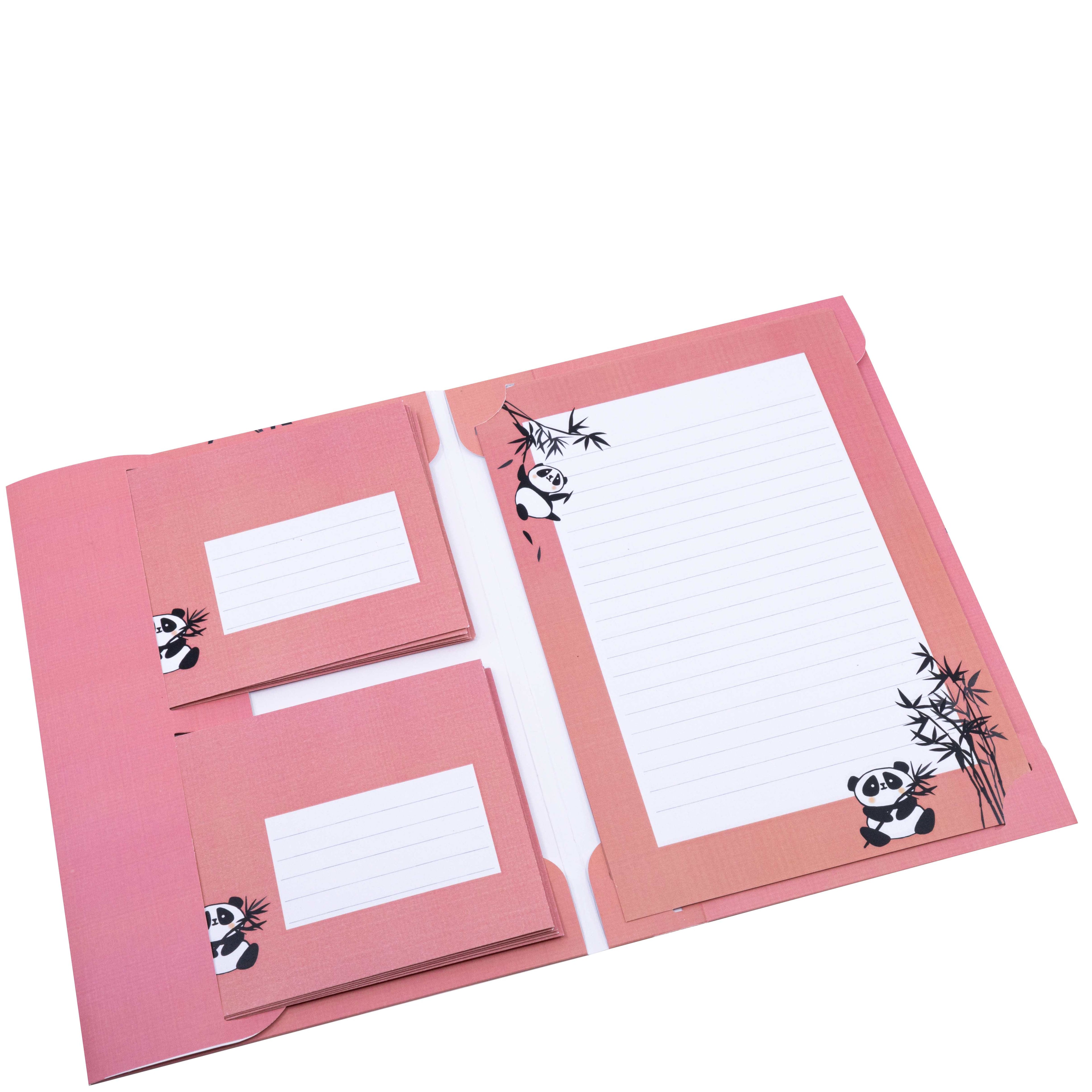Le kit d'écriture pour enfants « Panda » d'Artoz Papier AG comprend du papier ligné et des enveloppes ornées de jolis motifs représentant des pandas et des bambous, représentés ouverts sur fond blanc — idéal pour les enfants qui adorent la papeterie mignonne.