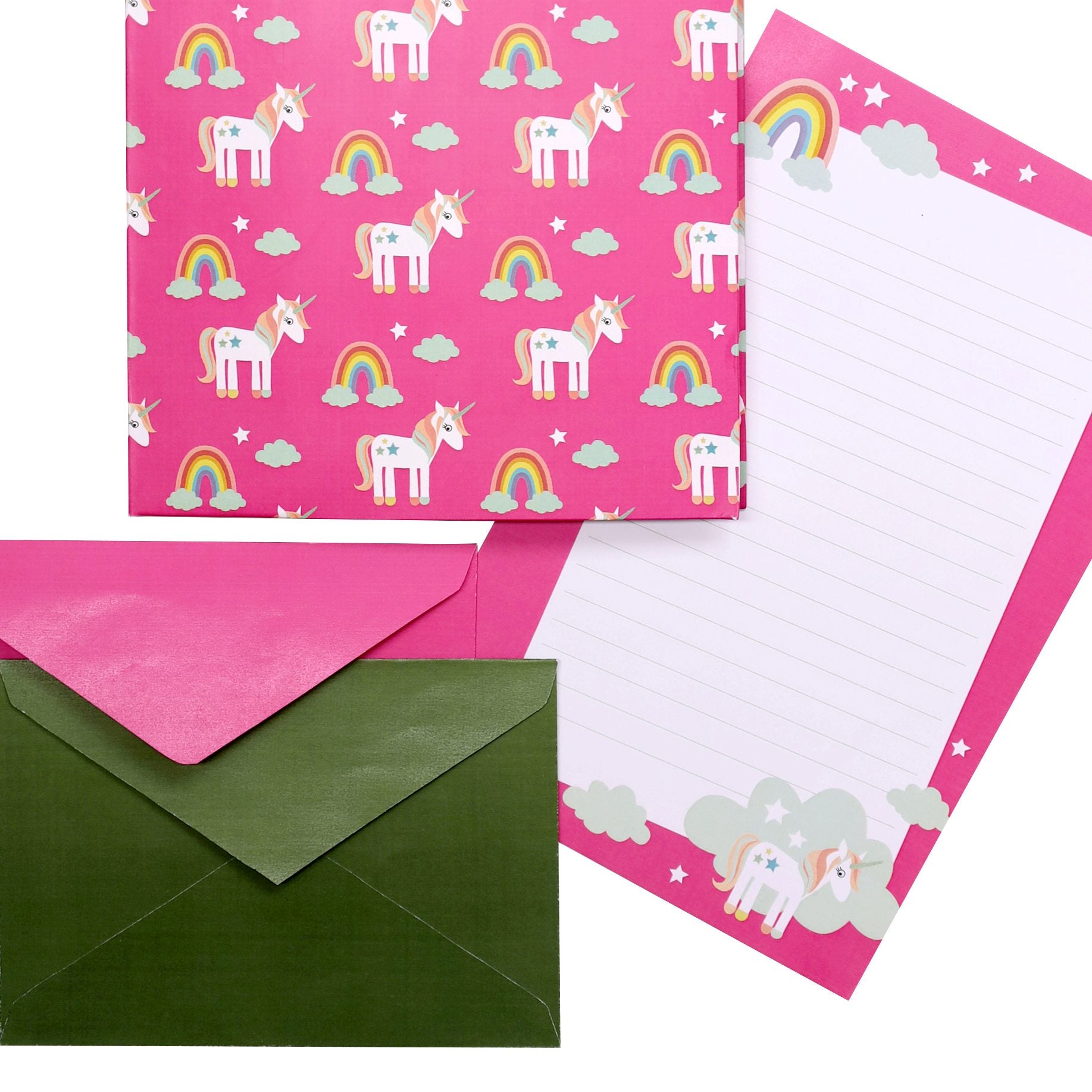 Le coffret d'écriture pour enfants « Einhorn » d'Artoz Papier AG comprend du papier rose sur le thème des licornes et des arcs-en-ciel, du papier à lettres ligné assorti pour enfants, une enveloppe rose et une enveloppe verte — l'idéal pour envoyer des messages magiques.