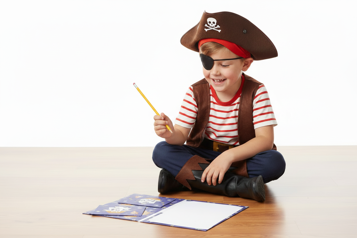 Ein kleines Kind, als Pirat verkleidet, sitzt auf dem Boden, einen Bleistift in der Hand, und vor sich ausgebreitet liegt das Kinder-Schreibset „Piraten“ der Artoz Papier AG mit Papiermotiven zum Thema Piraten.