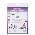 Feiern Sie die Liebe mit dem Inhaltset für Tischbombe - Thema Liebe von Artoz Papier AG! Festliches Konfetti, Herzen, Luftballons und Partydekoration auf einem lila Hintergrund. Überschrift: NACHFÜLLEN, KNALLEN, STRAHLEN! Perfekt für DIY-Nachfüllungen.