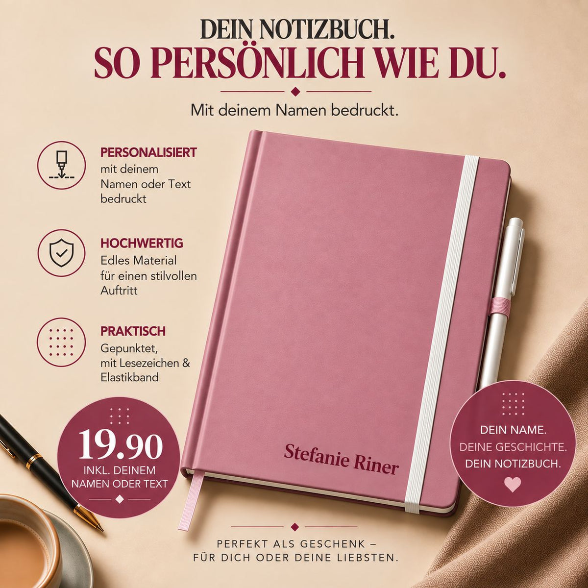 Découvrez le carnet A5 avec stylo, dans un élégant coloris bordeaux, signé Artoz Papier AG, personnalisable avec votre nom ou le texte de votre choix sur la couverture. Ce carnet haut de gamme est doté d'une fermeture pratique à élastique blanc et d'un passe-stylo pour votre stylo à bille préféré. Il allie personnalisation, qualité et fonctionnalité au quotidien. Le nom de votre choix en fait un compagnon unique, au prix de 19,90 euros.